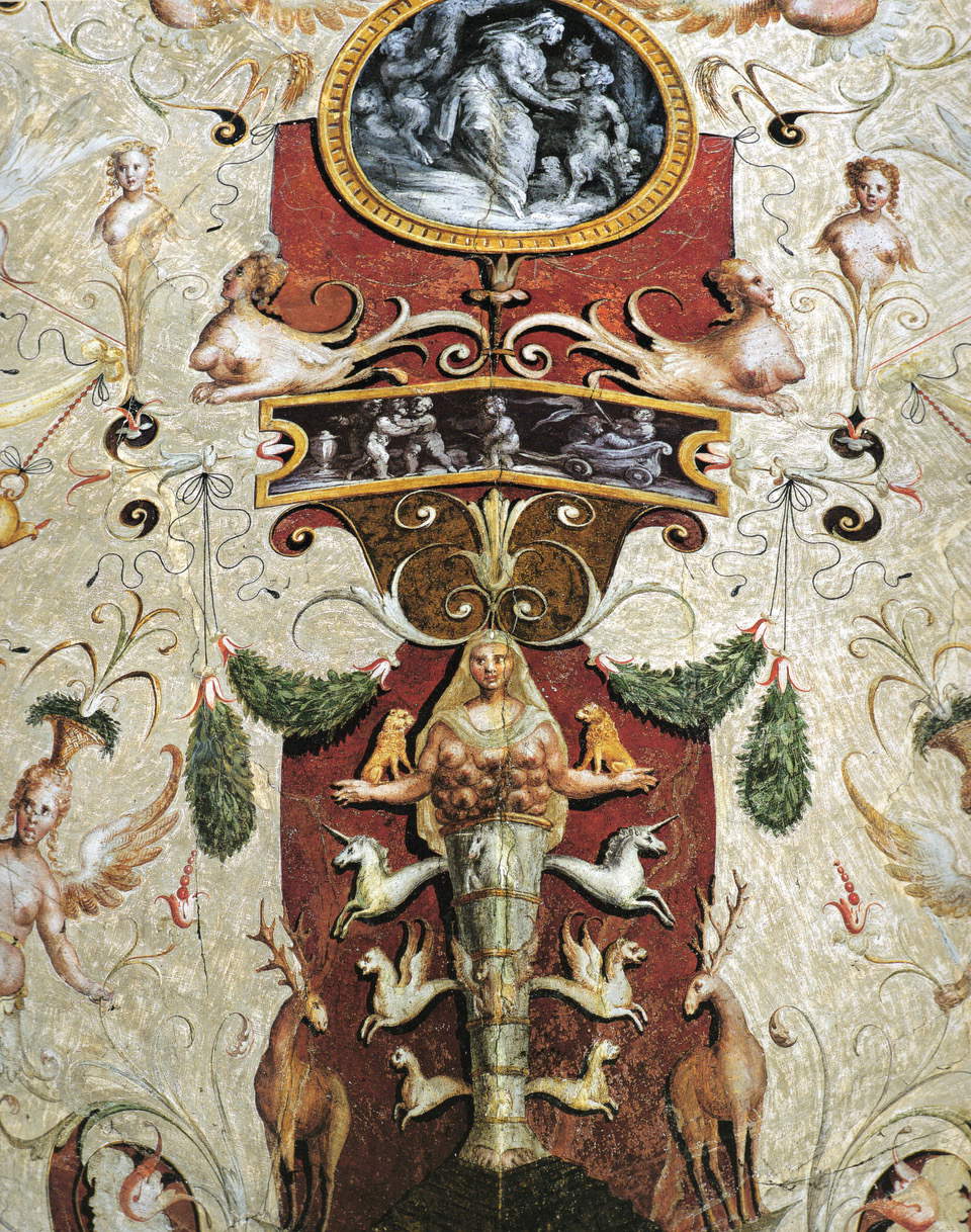 Ein raffiniertes Detail der grotesken Dekorationen, auf die sich die Familie Filippi unter dem Einfluss von Sebastiano spezialisiert hatte. In allen Innenräumen der Palazzina finden wir diese Verbindung zur Kultur der Grotesken, die von großer archäologischer Bedeutung ist und an eine Zivilisation erinnert, die Marfisa hier mit allem möglichen symbolischen Reichtum wiederbeleben möchte. Ein raffiniertes Detail der grotesken Dekorationen, auf die sich die Familie Filippi unter dem Einfluss von Sebastiano spezialisiert hatte. In allen Innenräumen der Palazzina finden wir diese Verbindung zur Kultur der Grotesken, die von großer archäologischer Bedeutung ist und an eine Zivilisation erinnert, die Marfisa hier mit allem möglichen symbolischen Reichtum wiederbeleben möchte.
