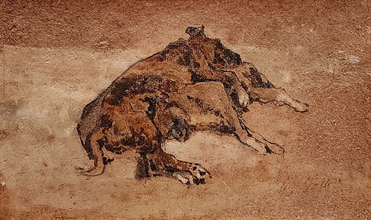 Giovanni Fattori, Lying Dogs (Two Puppies) (c. 1905; oil on cardboard, 14 x 23 cm; Livorno, Museo Civico Giovanni Fattori, inv. 1991/1039, M1376) Giovanni Fattori, Lying Dogs (Two Puppies) (c. 1905; oil on cardboard, 14 x 23 cm; Livorno, Museo Civico Giovanni Fattori, inv. 1991/1039, M1376)