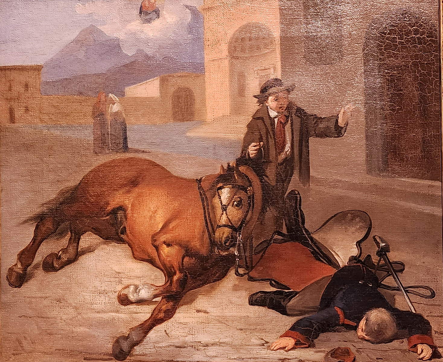 Giovanni Fattori, Ex voto for a fall from a horse in Via Augusta Ferdinanda, near the church of San Giuseppe in Livorno (c. 1848; oil on canvas, 35 x 42 cm; Livorno, Sanctuary of Santa Maria delle Grazie di Montenero, catalog raisonné no. Matteucci M1) Giovanni Fattori, Ex voto for a fall from a horse in Via Augusta Ferdinanda, near the church of San Giuseppe in Livorno (c. 1848; oil on canvas, 35 x 42 cm; Livorno, Sanctuary of Santa Maria delle Grazie di Montenero, catalog raisonné no. Matteucci M1)