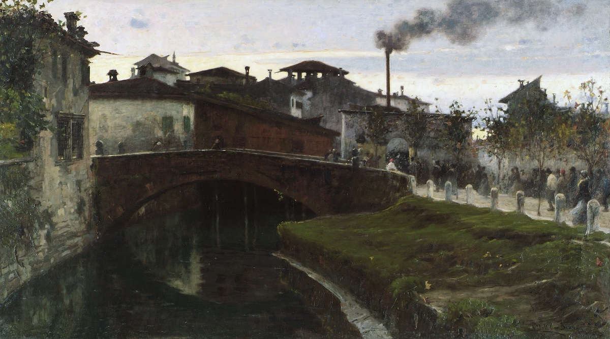 Angelo Dall'Oca Bianca, Prima luce (1887; olio su tela, 98 x 176 cm; Trieste, Museo Civico Revoltella, inv. 107) Angelo Dall'Oca Bianca, Prima luce (1887; olio su tela, 98 x 176 cm; Trieste, Museo Civico Revoltella, inv. 107)