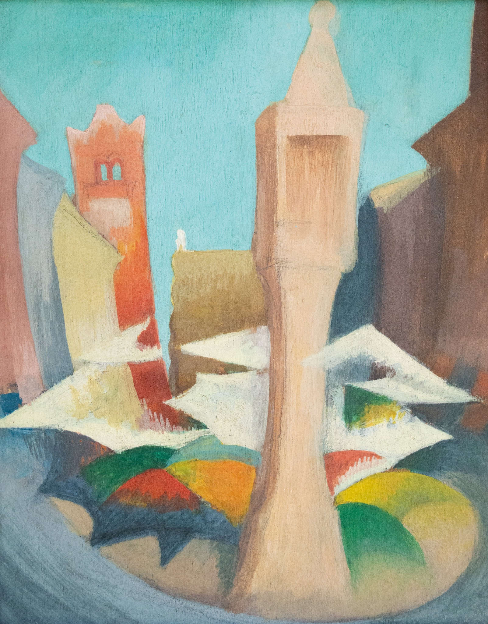 Renato Righetti-Di Bosso, Piazza delle Erbe (1966; tecnica mista su tavola; Collezione privata) Renato Righetti-Di Bosso, Piazza delle Erbe (1966; tecnica mista su tavola; Collezione privata)