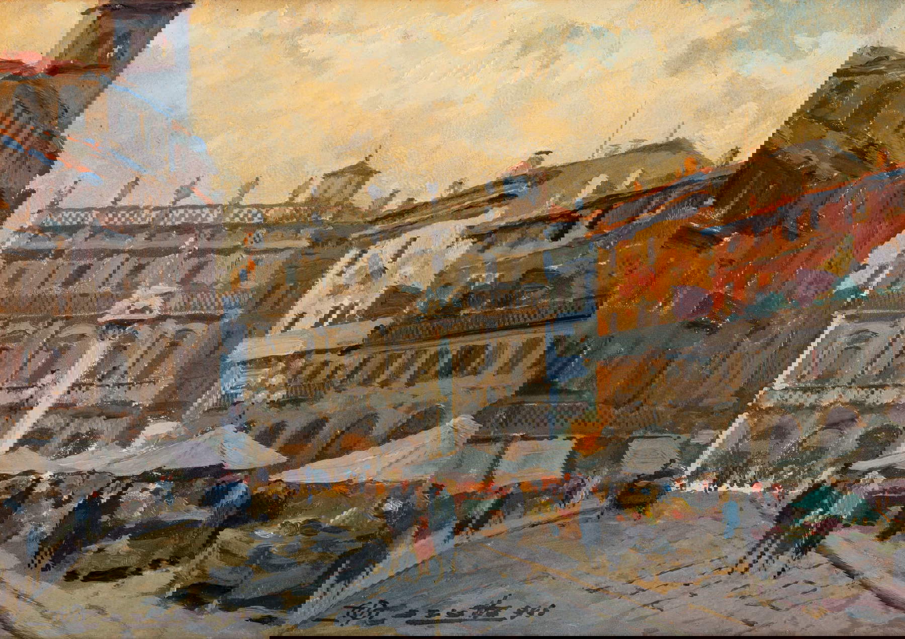 Ulderico Marotto, Piazza delle Erbe (1946; olio su cartone; Collezione privata) Ulderico Marotto, Piazza delle Erbe (1946; olio su cartone; Collezione privata)