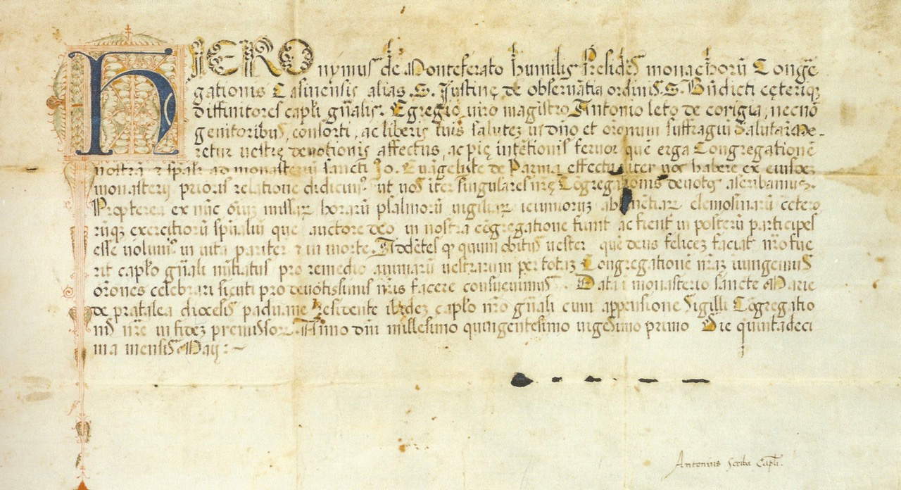 The Decree by which Abbot Jeronimo da Monferrato, dated May 15, 1521, welcomed Correggio as an intimate participant of the Cassinese Benedictine Congregation, including his family. (from E. Monducci, Il Correggio. Life and works from documentary sources, 2004)