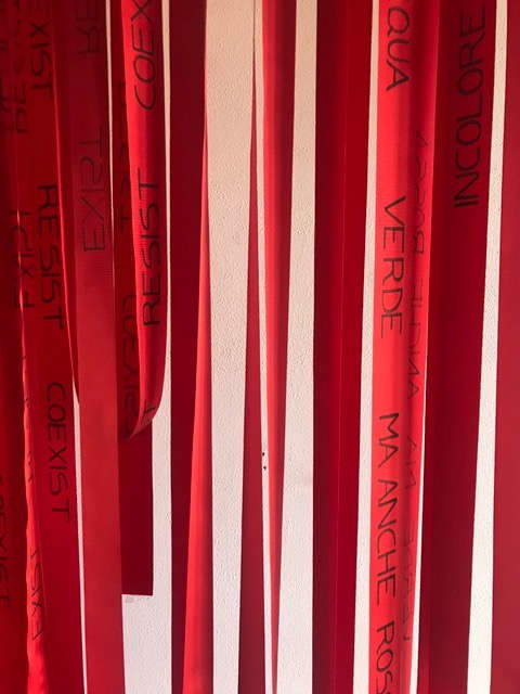 Simona Barzaghi, Waterline - Below the line, 2024 (Installation rote Stoffstreifen und Kanister mit Wasser; 300 x 200 cm) &copy; Simona Barzaghi. Mit Genehmigung der Künstlerin