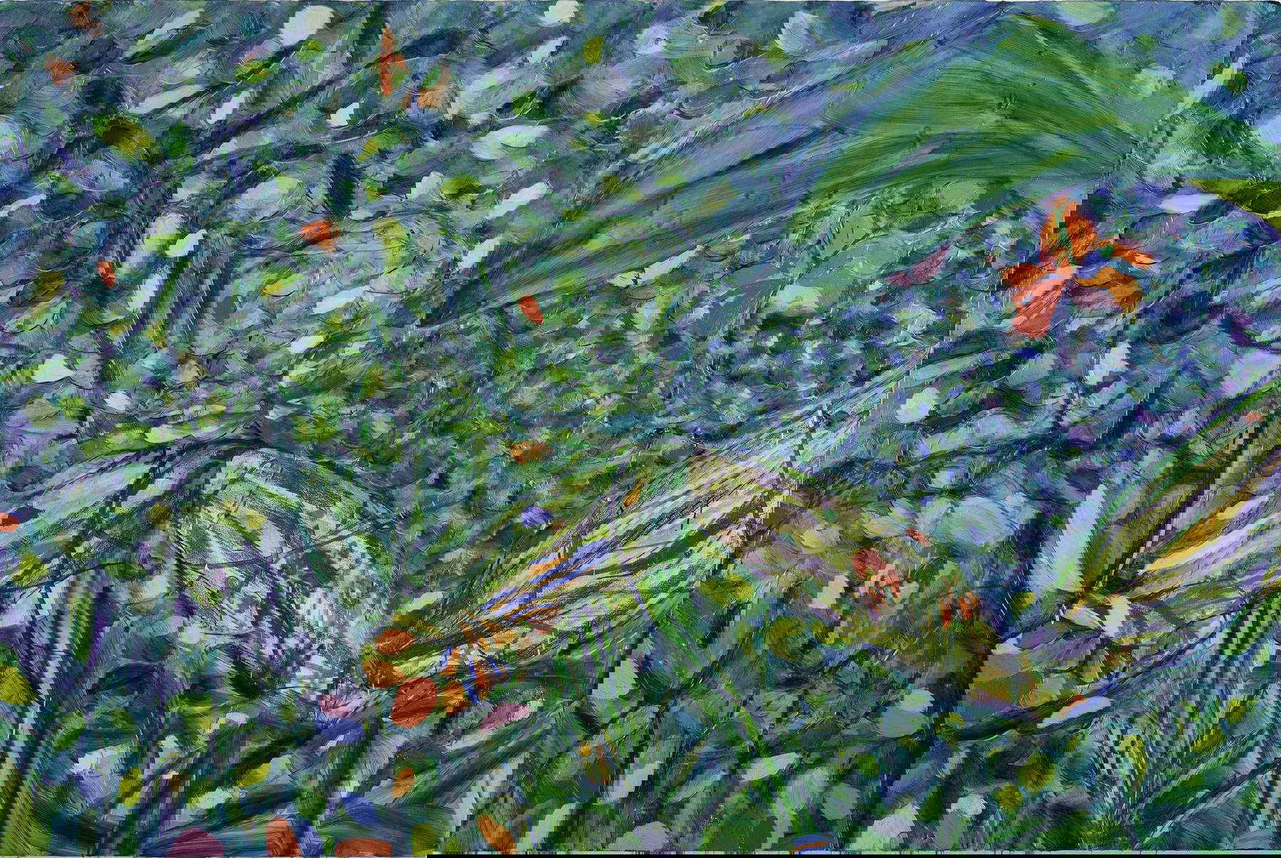 Jad&eacute; Fadojutimi, The Woven Warped Garden of Ponder (2021; acrilico e olio su tela, 200 x 300 cm)