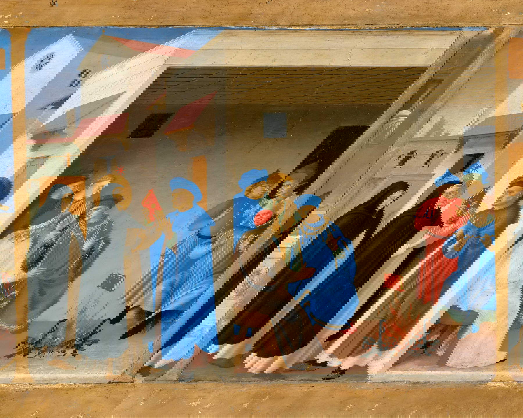 Fra Angelico, Streit des heiligen Dominikus mit den Ketzern und Wunder des vor den Flammen geretteten Buches (1435; Tempera auf Tafel, 45 x 36 cm; Paris, Louvre)