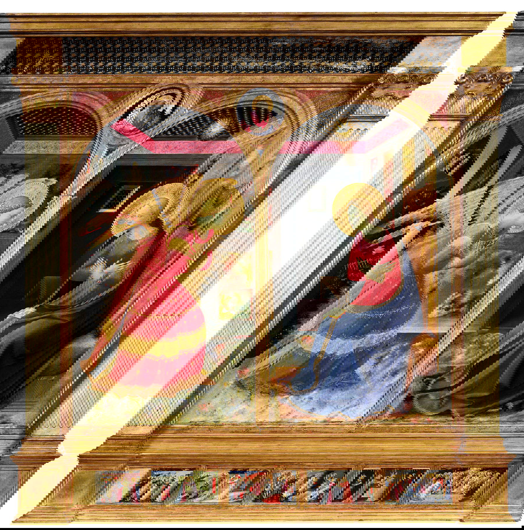 Beato Angelico, Annunciation of Monte Carlo (ca. 1432-1435; tempera and gold on panel, 195 x 158 cm main panel, 16 x 30 cm each of the predella compartments; San Giovanni Valdarno, Museum of the Basilica of Santa Maria delle Grazie)