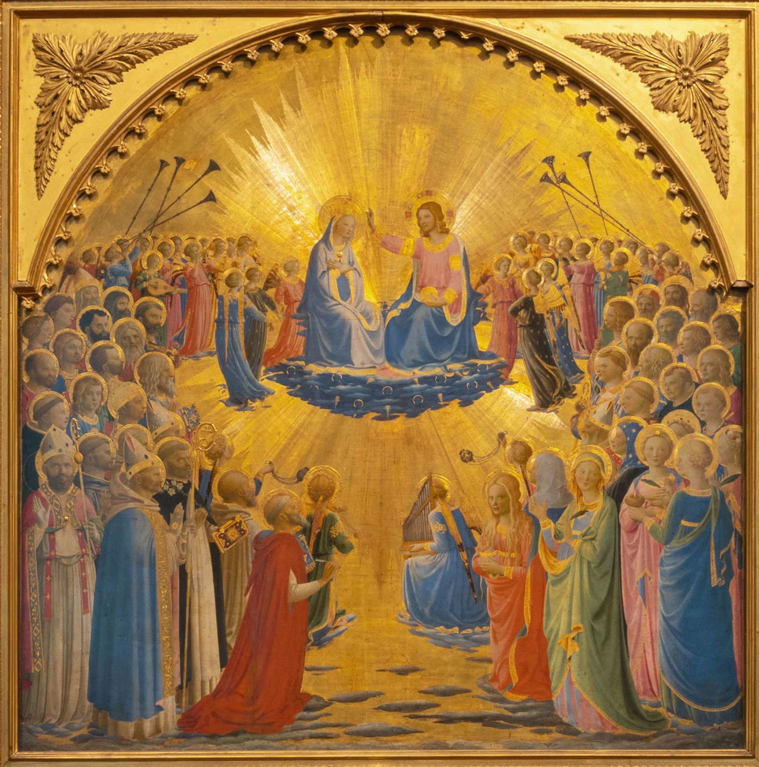 Beato Angelico, Coronation of the Virgin (c. 1435; tempera, silver and gold on panel, 117.5 &times; 114.5 cm; Florence, Uffizi Gallery, inv. 1890, nos. 1612, 1493, 1501)