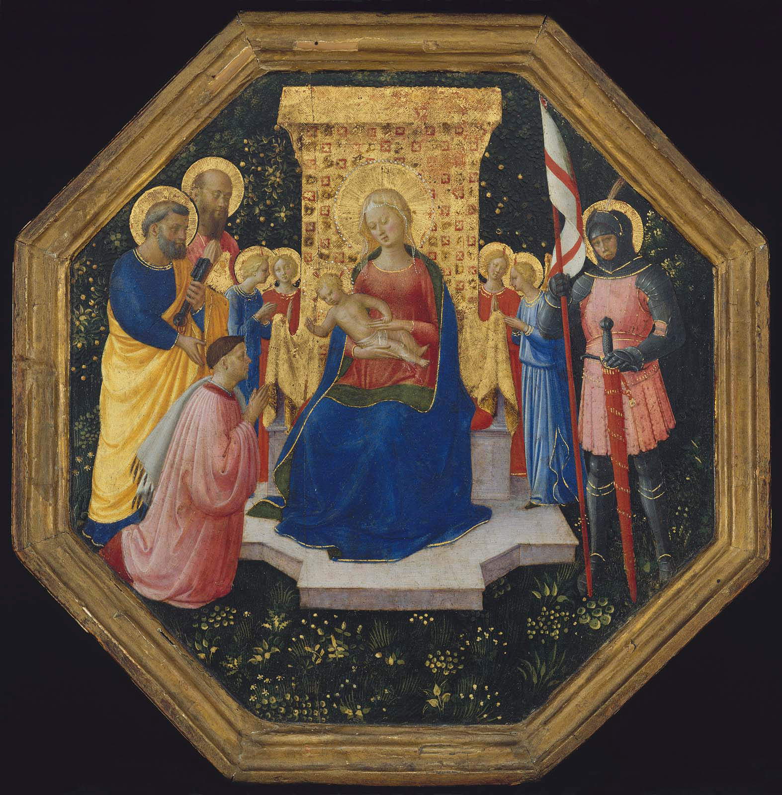 Beato Angelico, Madonna and Child Enthroned with Four Angels, Saints Peter and Paul, a warrior saint (George?) and the donor (c. 1446-1447; tempera and gold on panel, 24.9 &times; 24.8 cm; Boston, Museum of Fine Arts, inv. 14,416, gift of Mrs. Walter Scott Fitz)