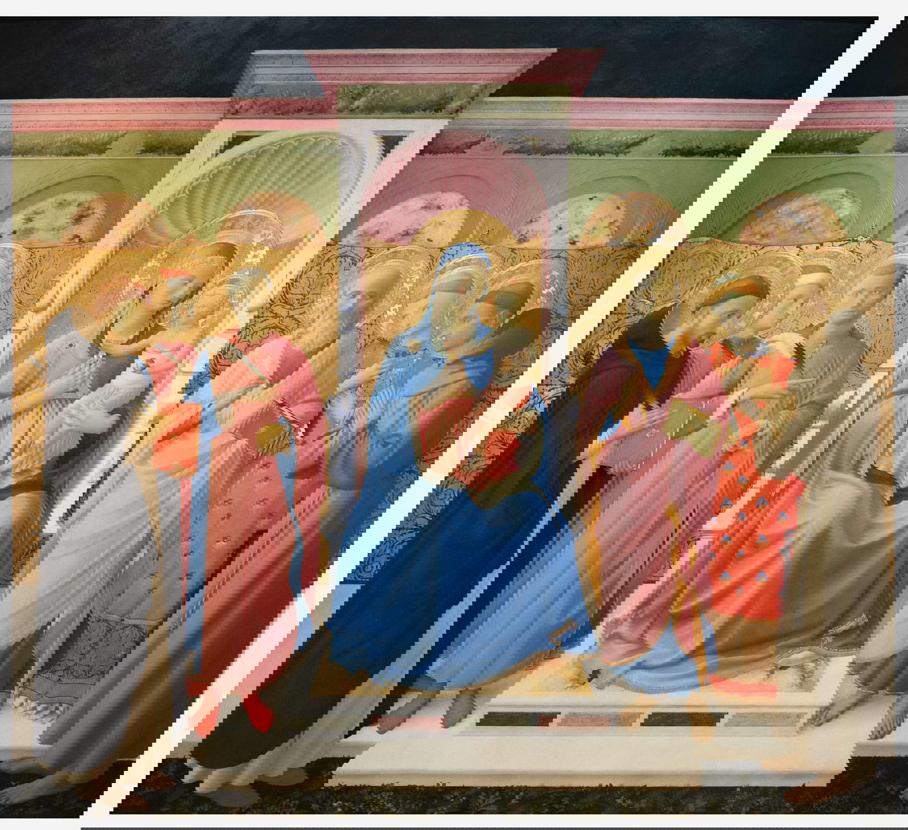 Beato Angelico, Annalena Altarpiece. Madonna and Child Enthroned and Saints Peter Martyr, Cosmas, Damian, John the Evangelist, Lawrence, and Francis of Assisi; Saint Damian accepts compensation from Palladia for healing her, Saints Cosmas and Damian and their brothers before proconsul Lysias, Saints Cosmas and Damian and their brothers saved fromdrowning by an angel, Saints Cosmas and Damian and their brothers vainly condemned to the stake, Saints Cosmas and Damian and their brothers vainly struck with arrows and stones, Decapitation of Saints Cosmas and Damian and their brothers (predella) (c. 1430-1434; tempera and gold on panel, 184 x 207 main panel, c. 20 x 22 cm each of the predella compartments; Florence, Museo di San Marco, inv. 1890, nos. 8493, 8486)