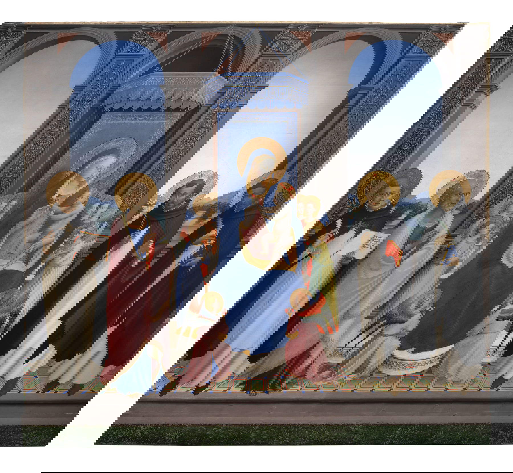 Fra Angelico and Lorenzo di Credi, Fiesole Altarpiece. Main panel: Madonna and Child Enthroned with Eight Angels and Saints Thomas Aquinas, Barnabas, Dominic and Peter Martyr (1420-1423; 1501; tempera and gold on panel, 212 x 234.5 cm; Fiesole, Church of San Domenico). Photo: &copy; Giusti Claudio photo, Florence