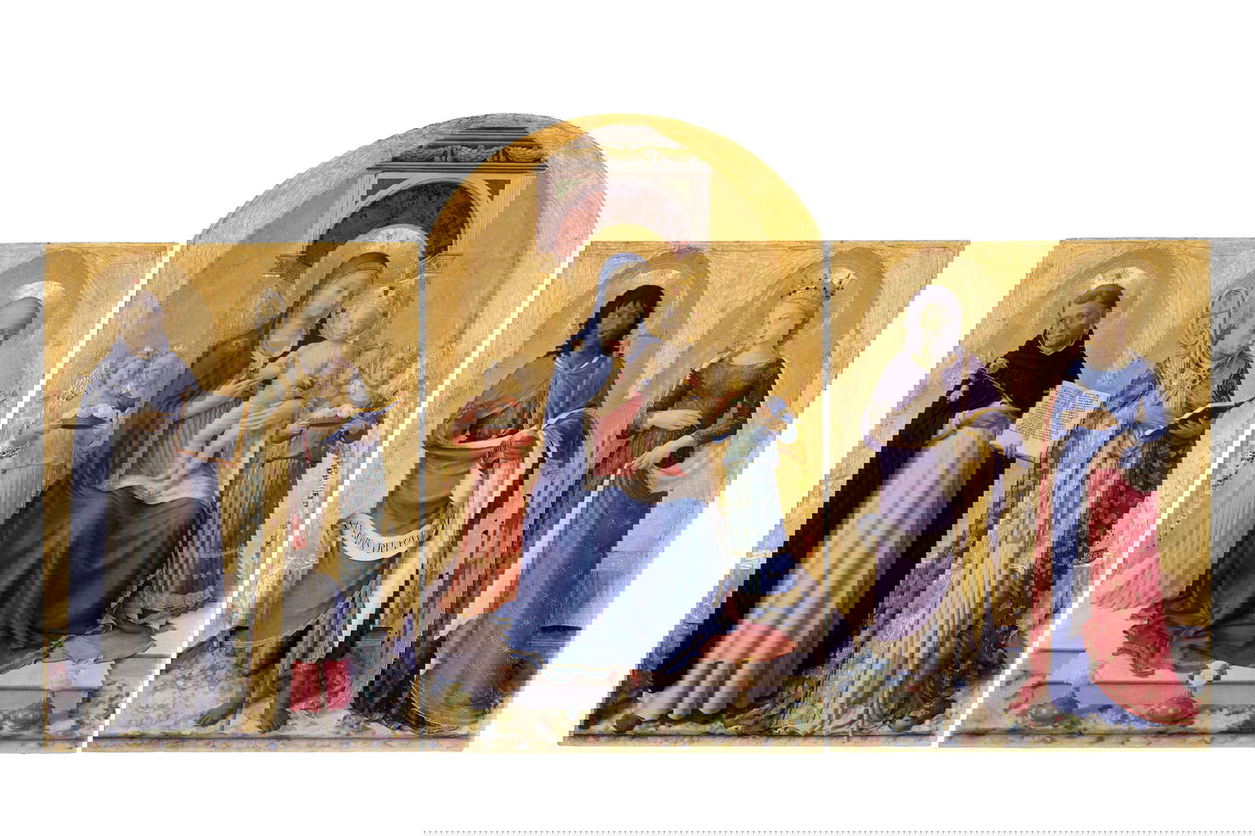 Beato Angelico, Perugia Altarpiece. St. Dominic and St. Nicholas of Bari; Madonna and Child Enthroned and Four Angels; St. John the Baptist and St. Catherine of Alexandria (c. 1437-1443; tempera and gold on panel, 102 &times; 75.1 cm left panel, 126.3 &times; 78.5 cm center panel, 101.8 &times; 76 cm right panel; Perugia, National Gallery of Umbria, invv. 92, 91, 93)