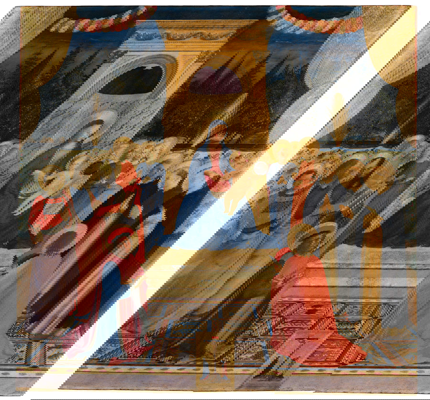 Beato Angelico, St. Mark's Altarpiece. Main panel: Madonna and Child Enthroned with Eight Angels and Saints Lawrence, John the Evangelist, Mark, Dominic, Francis, Peter Martyr, Cosmas and Damian and the Crucifixion between the Sorrowful Virgin and Saint John the Evangelist (1438-1442; tempera and gold on panel, 228 x 235 cm; Florence, Museo di San Marco, inv. 1890, no. 8506). Photo: Courtesy of the Ministry of Culture - Opificio delle Pietre Dure