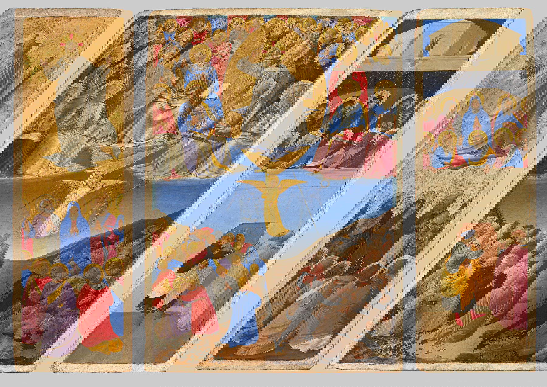 Beato Angelico, Triptych of the Last Judgment (c. 1448-1449; tempera and gold on panel, 55 x 18.5 cm left panel, 55 x 38 cm middle panel, 55 x 18 cm right panel; Rome, Gallerie Nazionali di Arte Antica, Palazzo Corsini, invv. 395, 396, 397)
