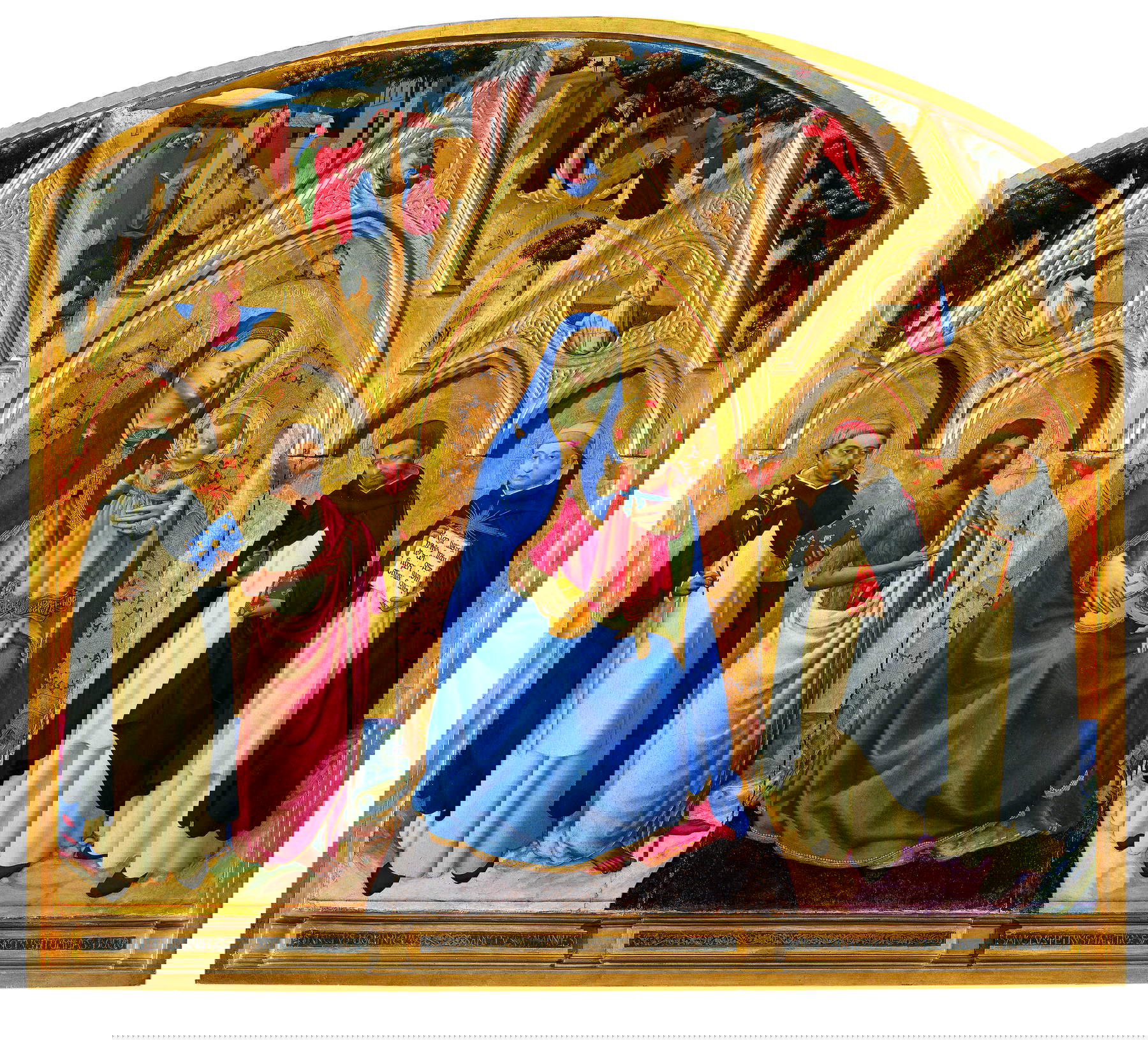 Fra Angelico, Triptych of St. Peter Martyr. Madonna and Child Enthroned with Saints Dominic and John the Baptist and Saints Peter Martyr and Thomas Aquinas; Announcing Angel, God Sends the Holy Spirit to the Virgin, Virgin Announced (cusps); Sermon of Saint Peter Martyr, Martyrdom of Saint Peter Martyr (pendentives between cusps) (c. 1422-1423; tempera and gold on panel, 152 &times; 172 cm; Florence, Museo di San Marco, inv. 1890, no. 8769)