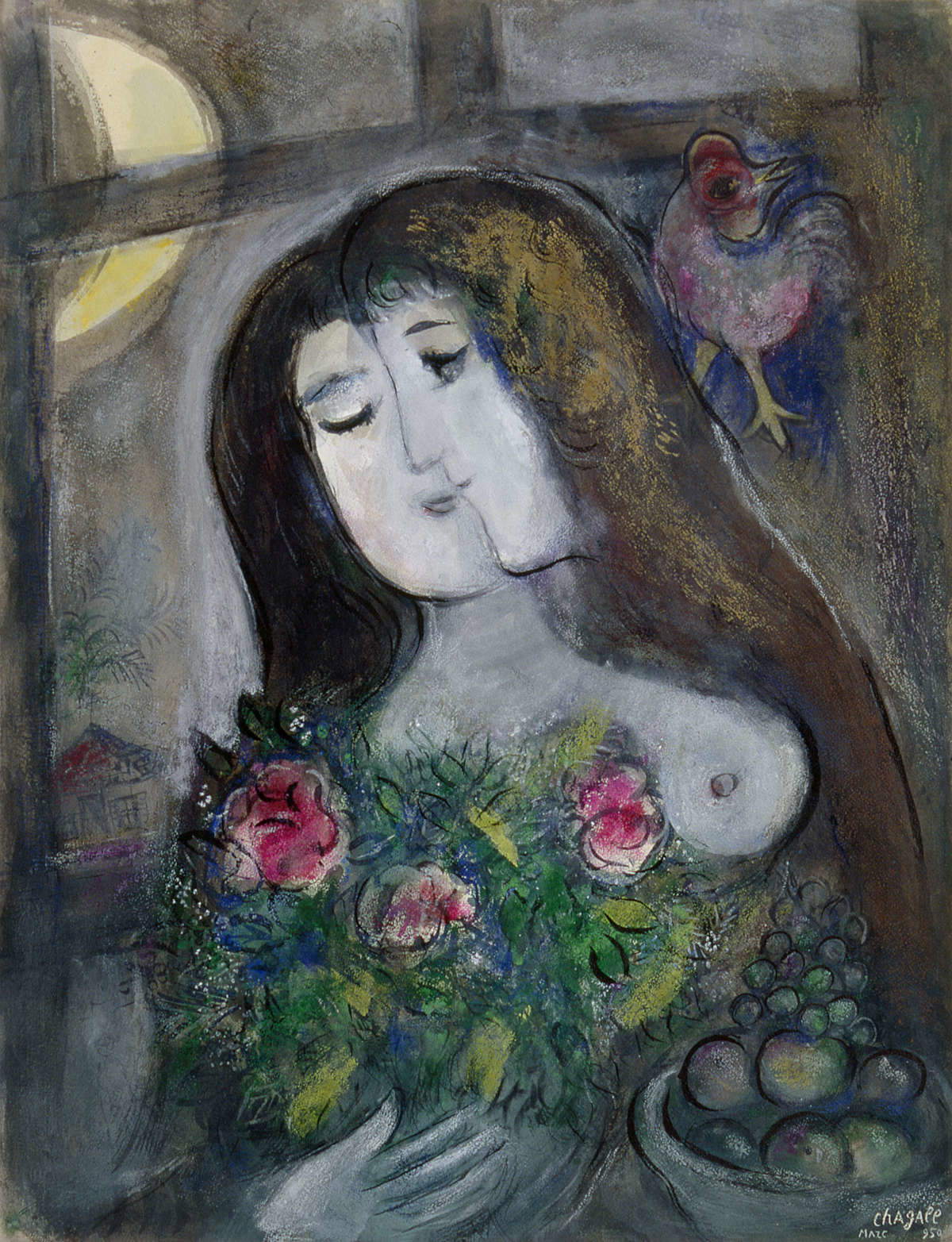 Marc Chagall, Doppio volto al chiaro di luna (1950; gouache e pastelli su carta, 65 x 50 cm; Collezione privata)