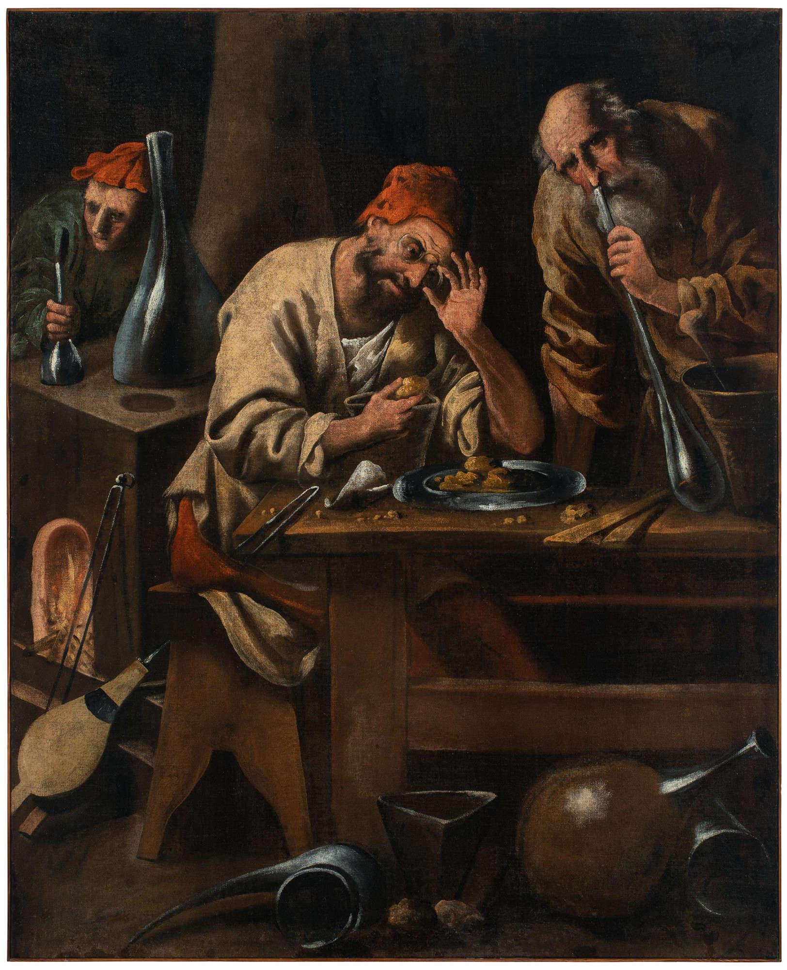 Pietro della Vecchia, Tre alchimisti (met&agrave; del XVII secolo; olio su tela, 142 x 118 cm; Padova, Musei Civici, Museo d'Arte)