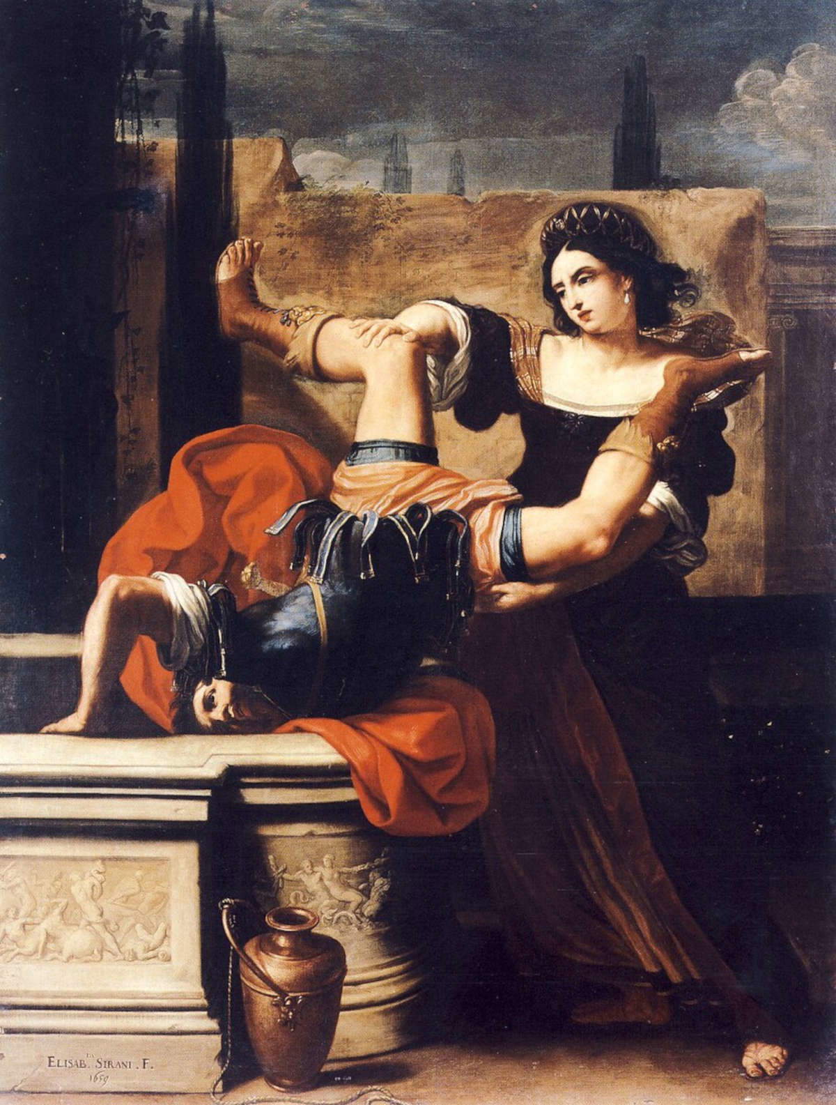 Elisabetta Sirani, Timoclea tue le capitaine d'Alexandre le Grand (1659 ; huile sur toile, 228&times;174,5 cm ; Naples, Museo e Real Bosco di Capodimonte)