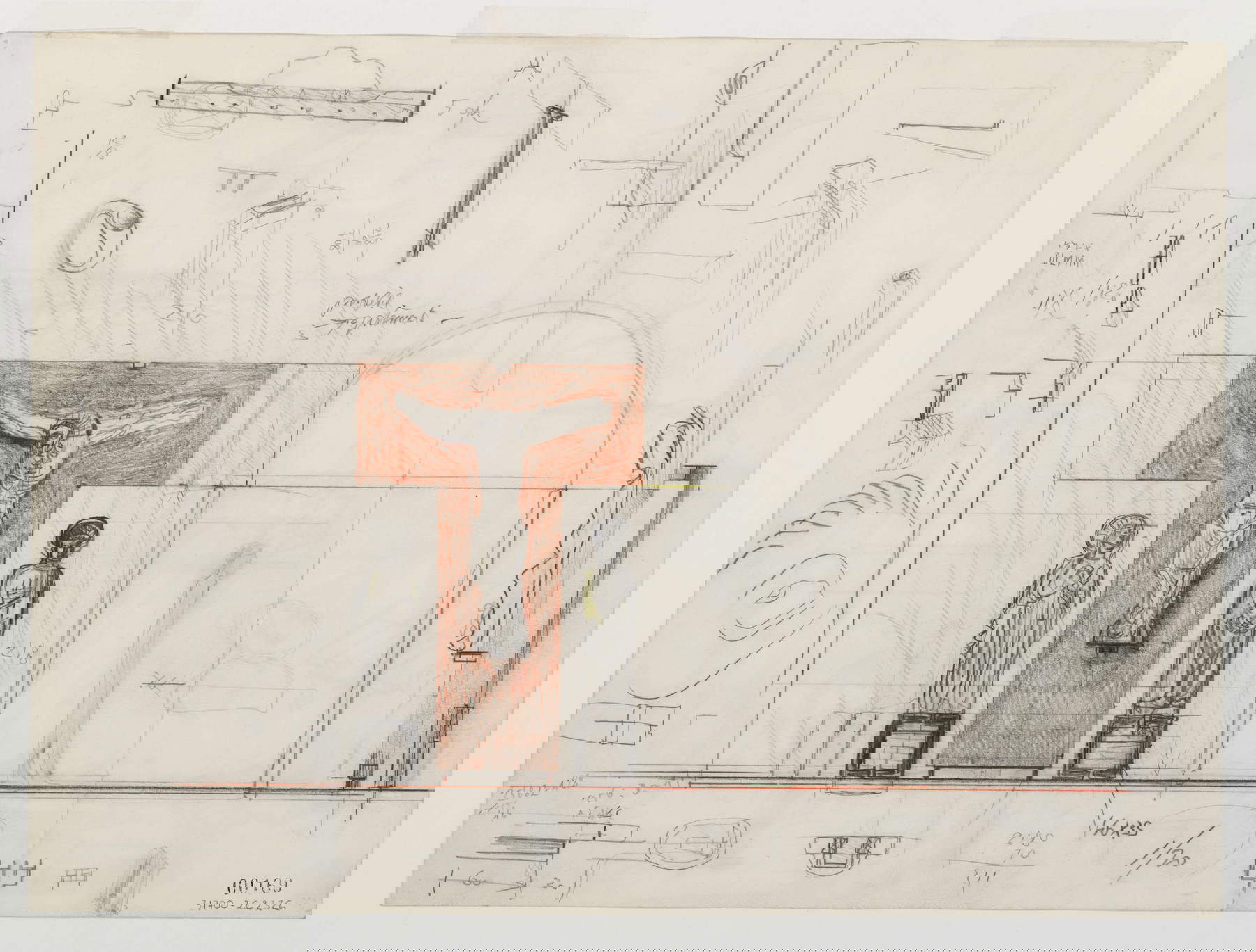 Carlo Scarpa, Allestimento ala della Galleria, Prospetto frontale e laterale e studi per i supporti espositivi del gruppo della Crocifissione nella sala 4 della Galleria delle Sculture (1962-1964; grafite, pastello giallo e rosso su cartoncino, 316 x 432 mm; Verona, Museo di Castelvecchio, Archivio Carlo Scarpa, inv. 31700 recto) &copy; Comune di Verona - Archivio Carlo Scarpa, Musei Civici di Verona