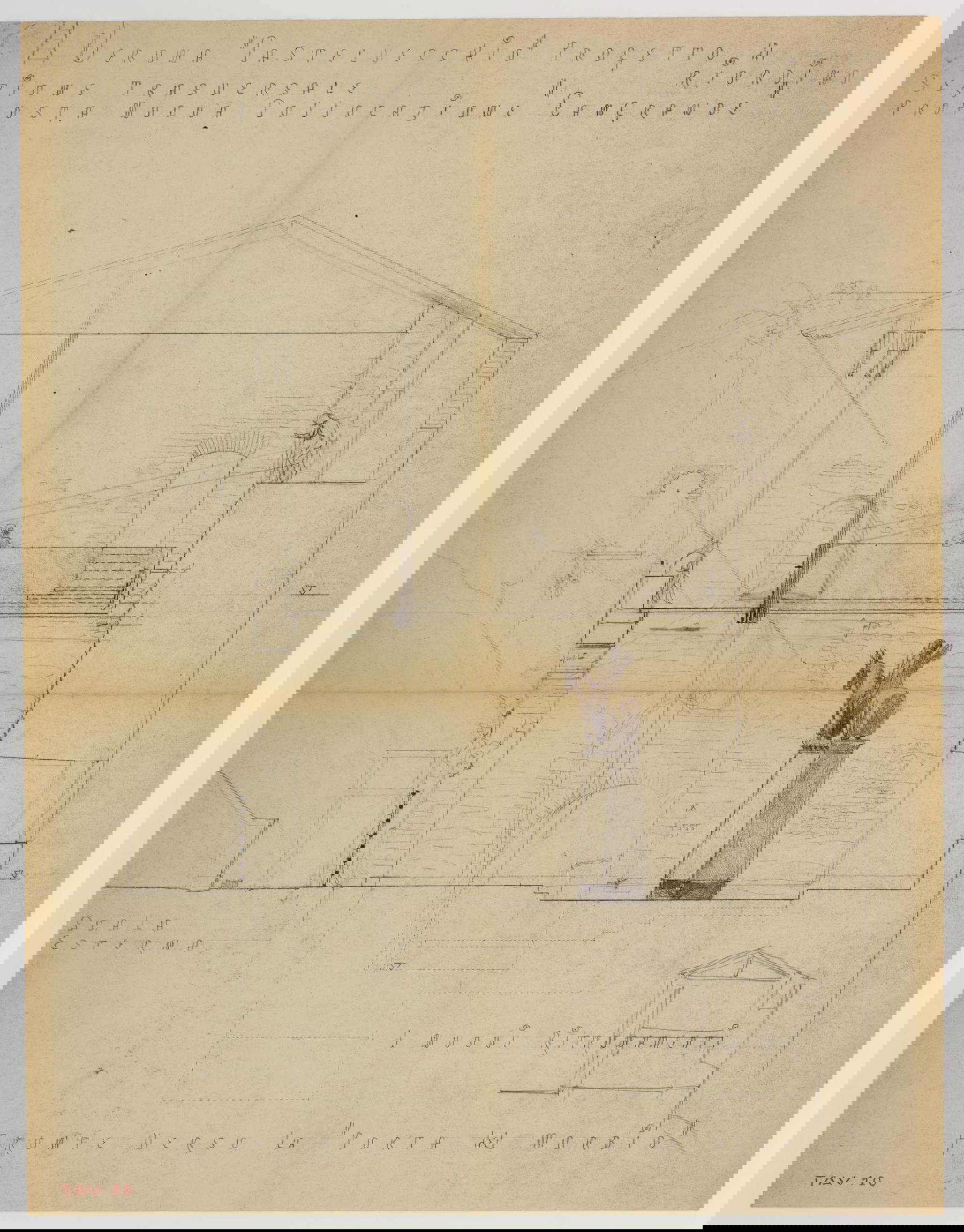 Carlo Scarpa, Statua di Cangrande, Sezione trasversale dell&rsquo;area di esposizione della statua di Cangrande, lato muro comunale, con la porta del Morbio (1961-1964; grafite su copia eliografica, 535 x 410 mm; Verona, Museo di Castelvecchio, Archivio Carlo Scarpa, inv. 32026 recto) &copy; Comune di Verona - Archivio Carlo Scarpa, Musei Civici di Verona