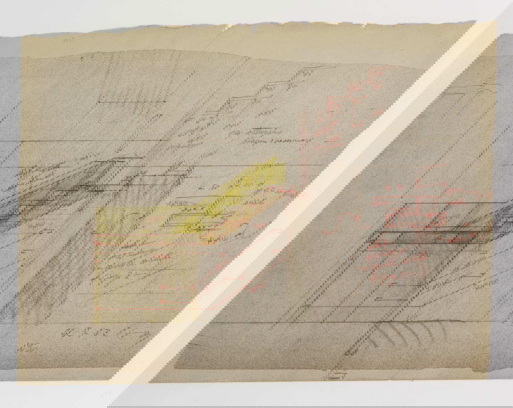 Carlo Scarpa, Statua di Cangrande, Sezione della scala che conduce al poggiolo a sbalzo nell&rsquo;area di esposizione della statua di Cangrande (23 luglio 1962; grafite, pastello giallo, rosso e ocra su copia eliografica, 270 x 360 mm; Verona, Museo di Castelvecchio, Archivio Carlo Scarpa, inv. 31516 recto) &copy; Comune di Verona - Archivio Carlo Scarpa, Musei Civici di Verona