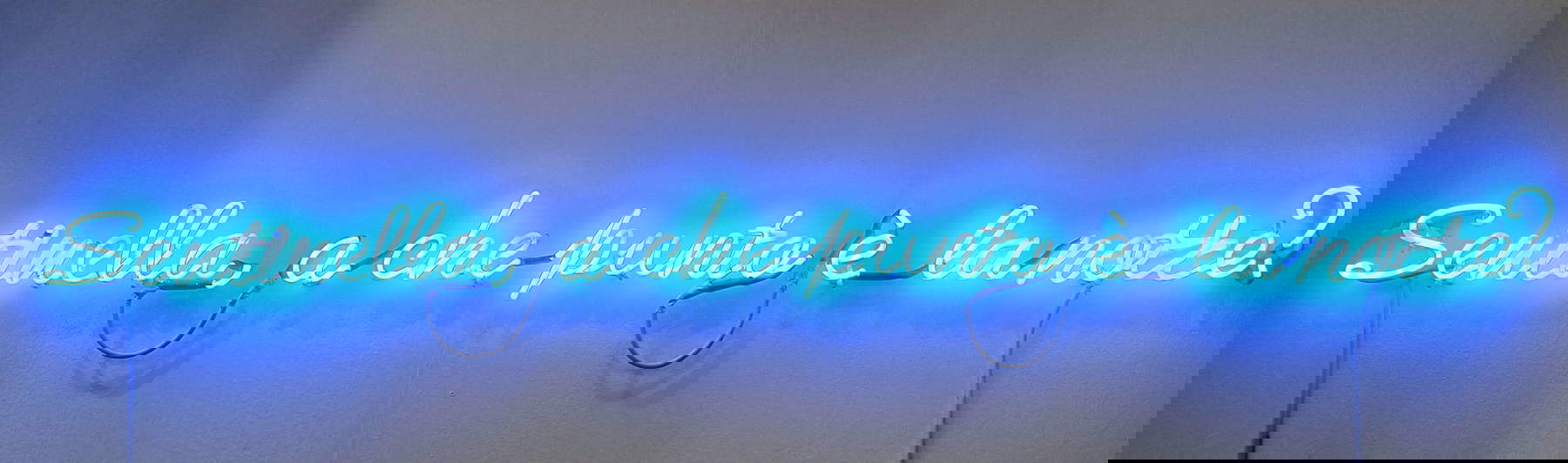 Maria Adele Del Vecchio, Sentinella, a che punto è la notte (2013; luce al neon, 10 x 154 cm, ed. 3 + 1 AP). Foto: Finestre sull'Arte Maria Adele Del Vecchio, Sentinella, a che punto è la notte (2013; luce al neon, 10 x 154 cm, ed. 3 + 1 AP). Foto: Finestre sull'Arte