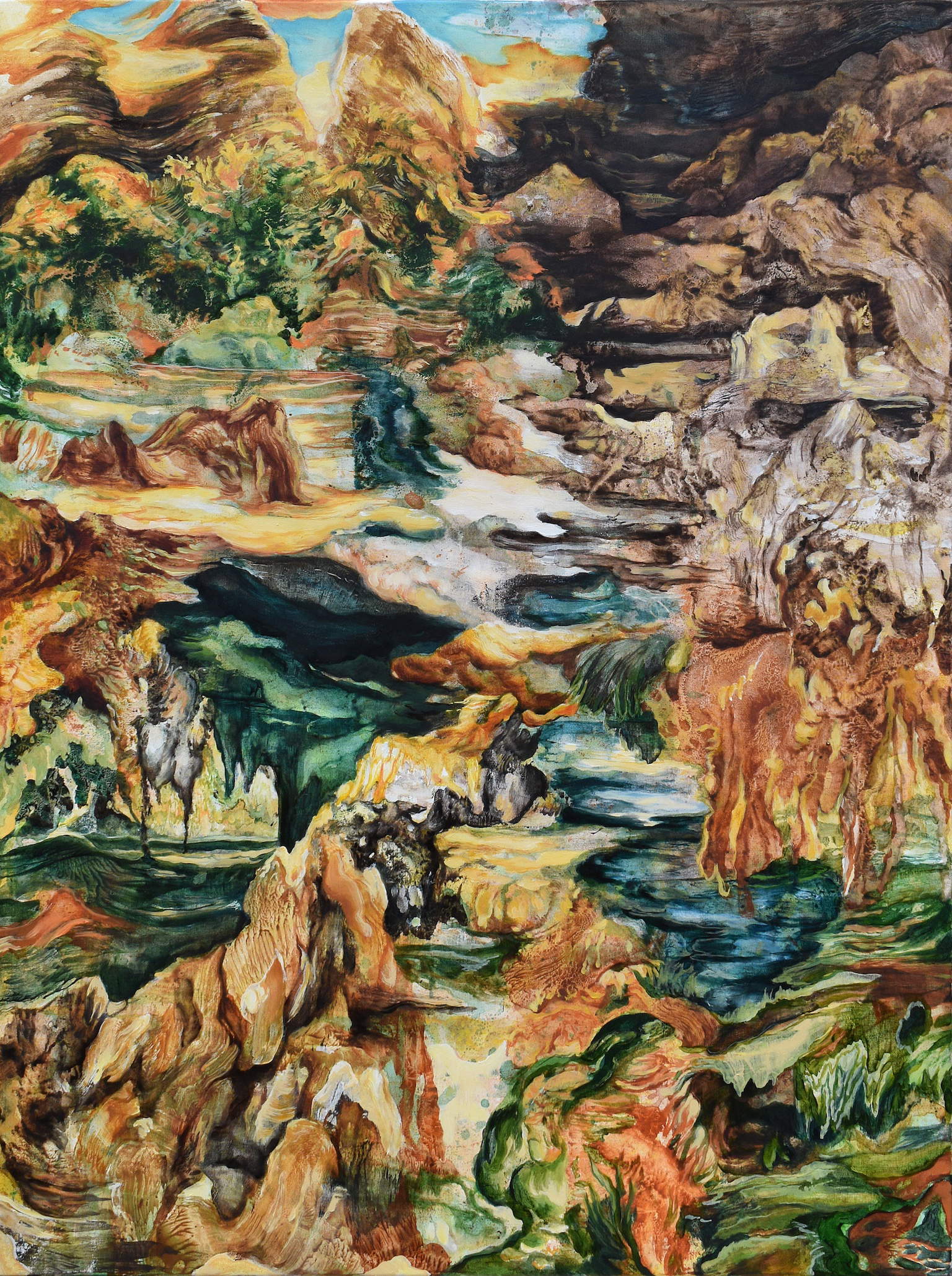 Alice Faloretti, Tierras flotantes #4 (2025; óleo y acrílico sobre lienzo, 80 x 60 cm). Presentado por Francesca Antonini