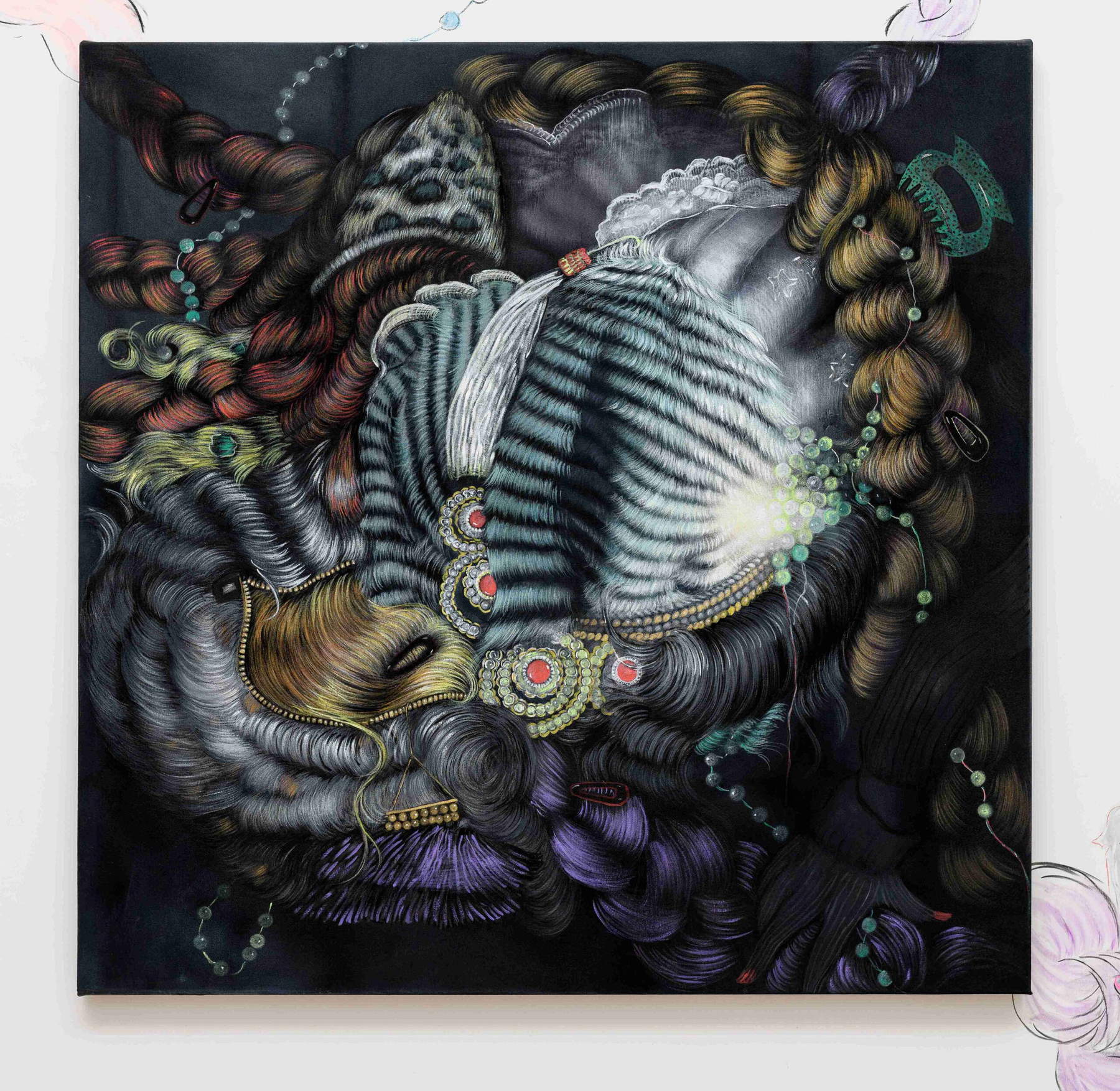 Bea Scaccia, ¿Oyes hablar a esa señora? ¿Otra vez? (2024; acrílico sobre lienzo, 106 x 106 cm). Presentado por Richard Saulton