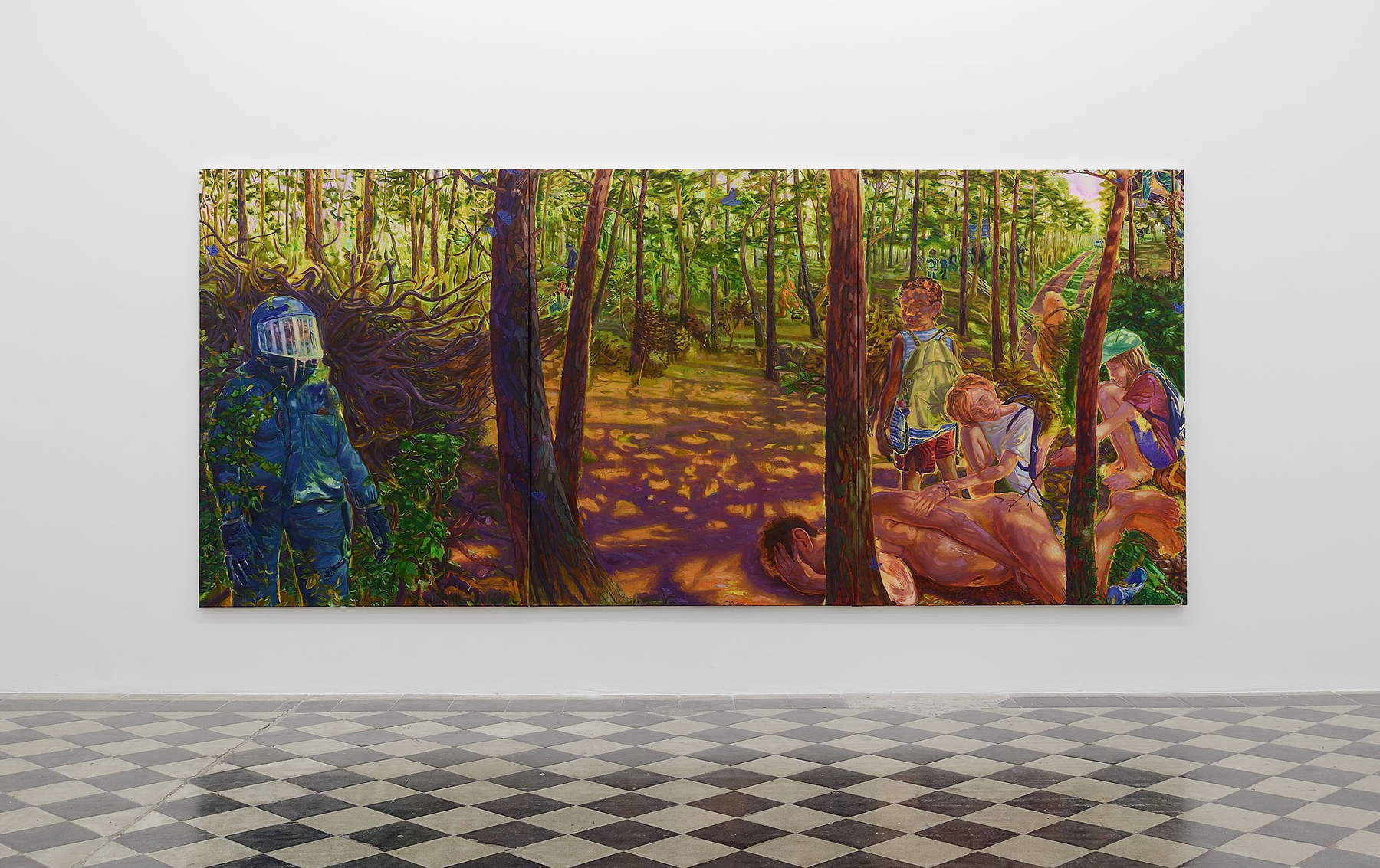 Pietro Moretti, La fuerza frágil (2025; acuarela y óleo sobre lienzo, 200 x 450 cm). Presentado por 1/9unosunove