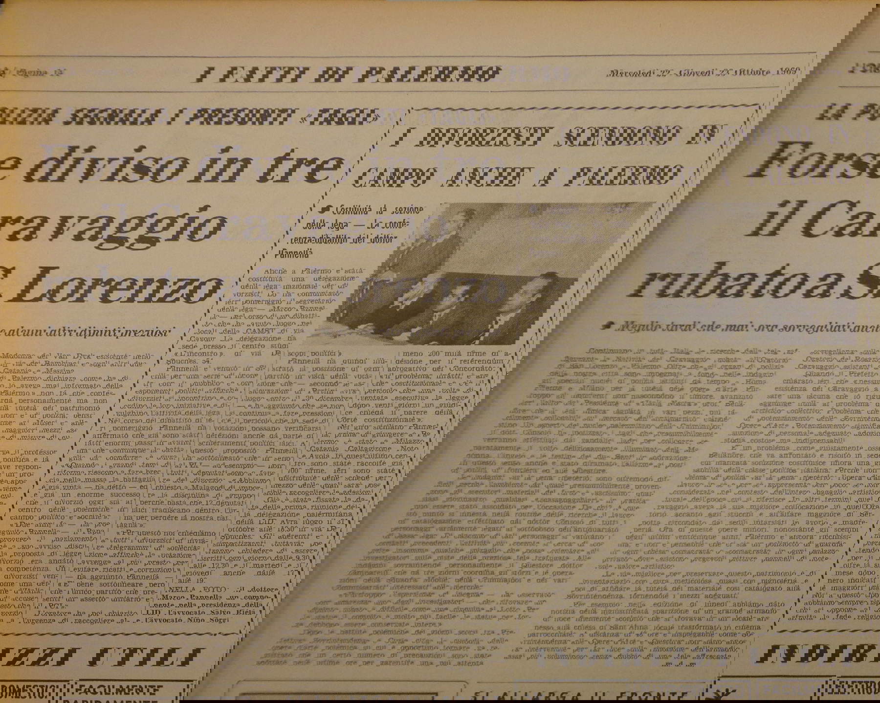 Articolo del quotidiano &acirc;&euro;&oelig;L&acirc;&euro;&trade;Ora&acirc;&euro; dell&acirc;&euro;&trade;ottobre 1969 sull&acirc;&euro;&trade;ipotesi dei tagli