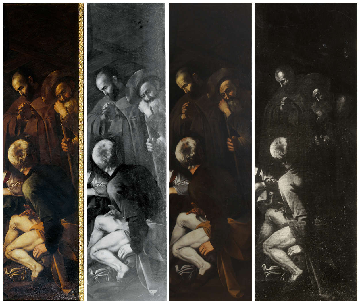 Da sinistra: Nativit&Atilde;&nbsp; di Caravaggio, foto Scala del 1964 con la cornice e foto ICR del 1951-1952; copia di Paolo Geraci (Catania, Museo Civico &acirc;&euro;&oelig;Castello Ursino&acirc;&euro;); copia documentata nella Fototeca della Fondazione Roberto Longhi (gi&Atilde;&nbsp; collezione Federzoni)