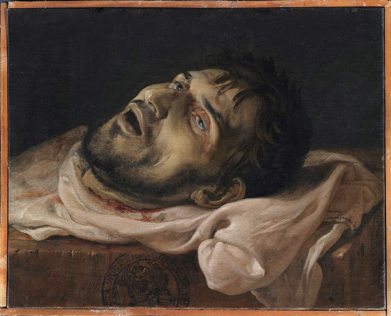 Francesco Hayez, Testa tagliata del conte di Carmagnola (1834; olio su tela, 33,5 x 61,8 cm). Presentato da W. Apolloni