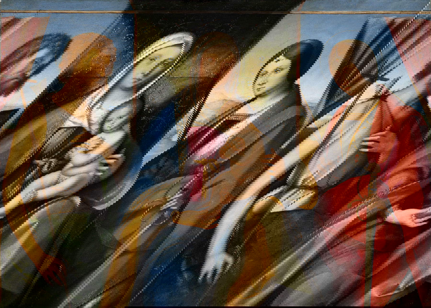 Boccaccio Boccaccino, Madonna col Bambino tra i santi Giovanni Battista e Caterina d&rsquo;Alessandria (1504-1505 circa; tempera e olio su tavola, 67 &times; 92 cm; Venezia, Fondazione Musei Civici, Museo Correr, inv. ci. i n. 0032)