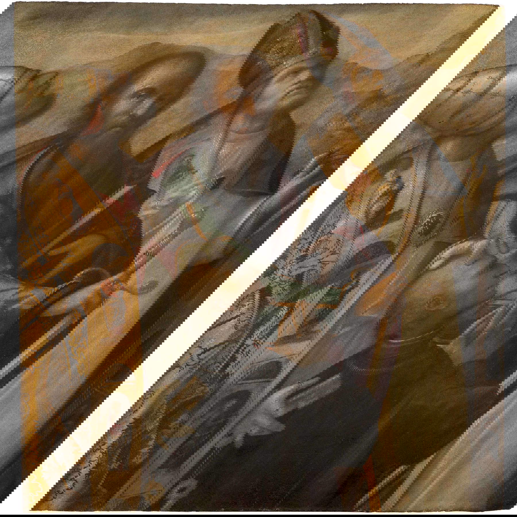 Boccaccio Boccaccino, San Pietro presenta il donatore Benedetto Fodri insieme a san Paolo e a un santo vescovo (Agostino o Ubaldo), Pala Fodri (1523-1524; tempera e olio su tavola, 143,5 &times; 136,5 cm; Cremona, Museo Diocesano, inv. ix.111)