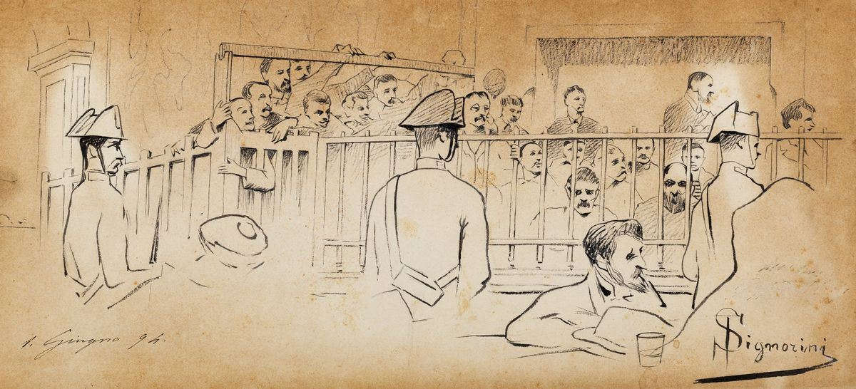 Telemaco Signorini, The Genoa Trial (June 1, 1894; ink on paper, 180 x 385 mm; Milan, Private Collection)