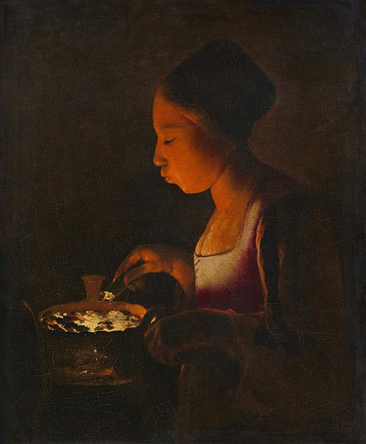 Georges de La Tour, Mädchen mit einer Kohlenpfanne (um 1646-1648; Öl auf Leinwand, 76 x 55 cm; Abu Dhabi, Louvre Abu Dhabi)