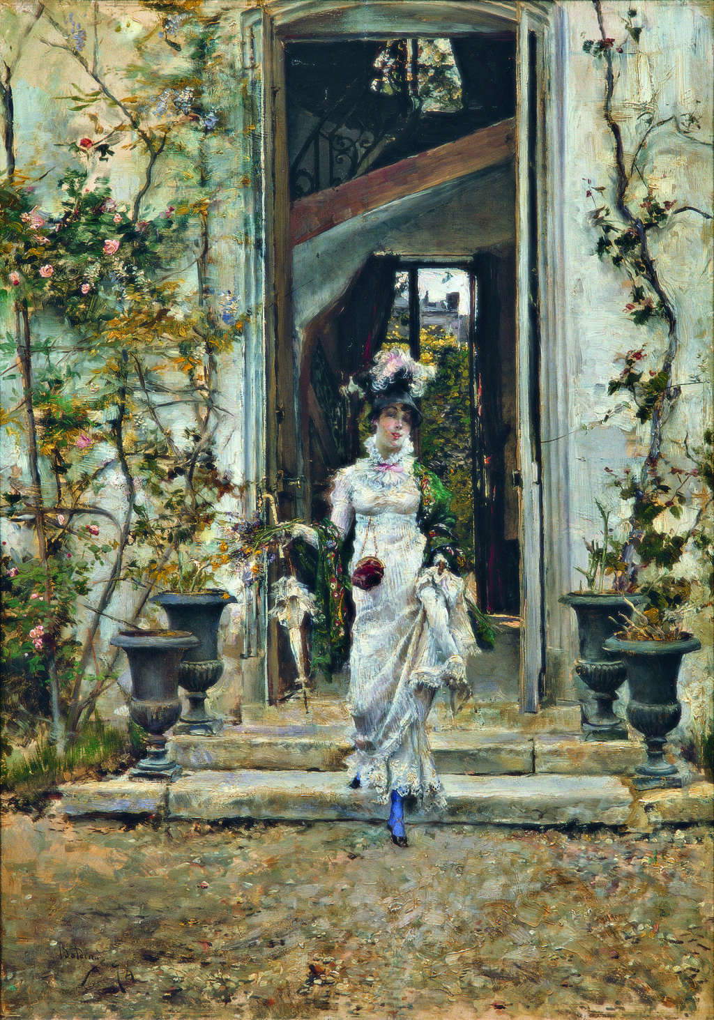 Giovanni Boldini, Berthe goes out for a walk (1874; oil on panel 56 x 40 cm; Private collection). Courtesy of Galleria Bottegantica, Milan