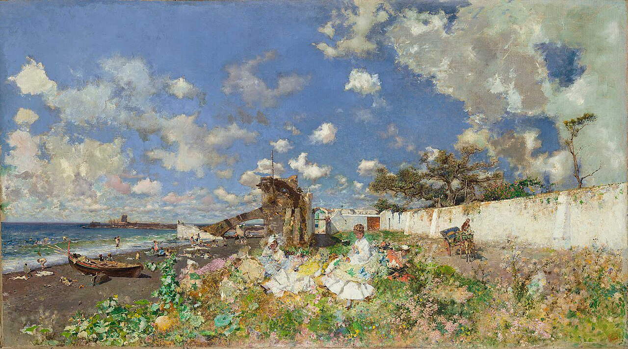 Mariano Fortuny y Marsal, Beach at Portici (1874; oil on canvas, 68.6 x 130.2 cm; Dallas, Meadows Museum)