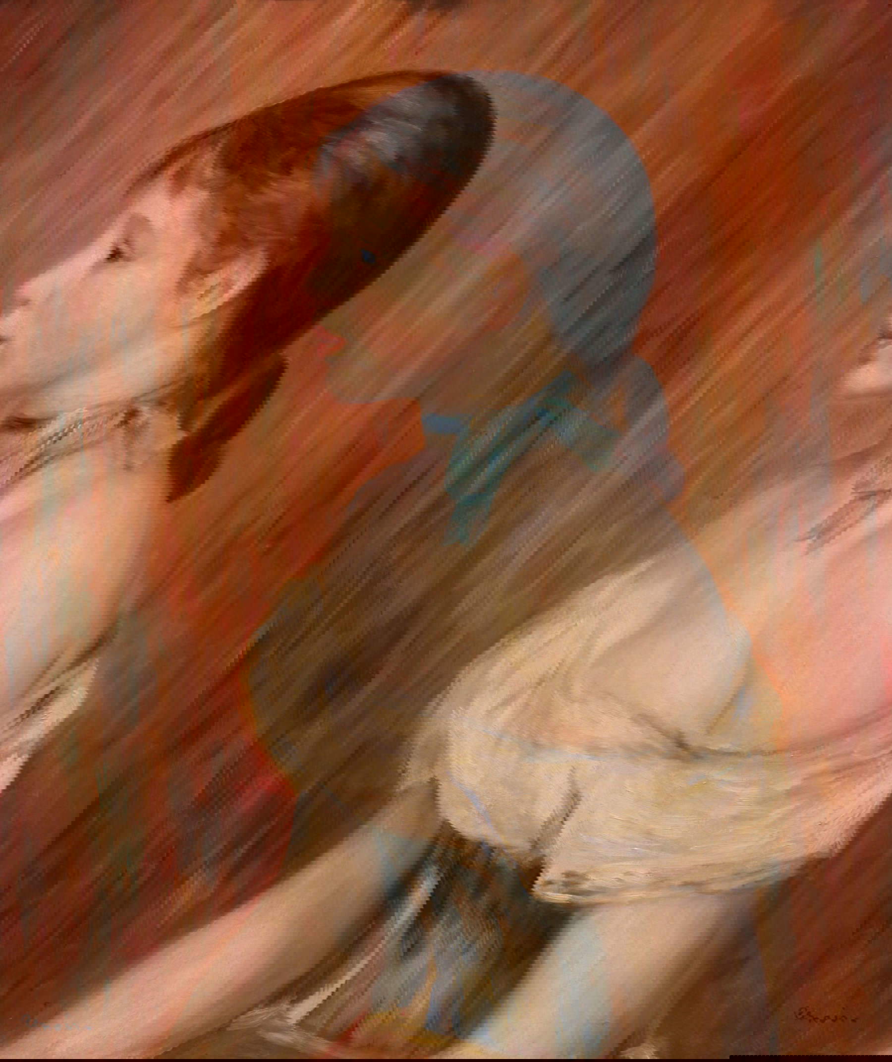 Auguste Renoir, Jeune fille au ruban bleu (Girl with blue ribbon) (1888; oil on canvas, 55.7 x 46.3 cm; Lyon, Mus&eacute;e des Beaux-Arts de Lyon, inv. 1997-47)