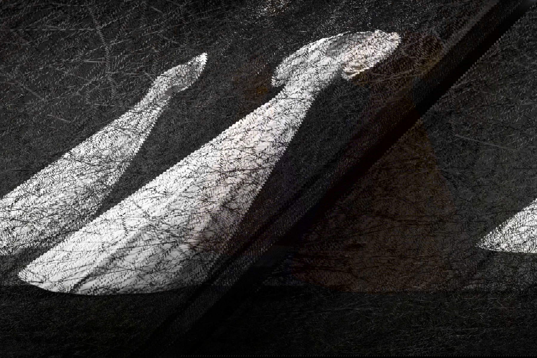 Chiharu Shiota, Reflejo del espacio y el tiempo (2018; ropa blanca, espejo, marco, alambre Alcantara, 280 &times; 300 &times; 400 cm). Encargo de Alcantara S.p.A. Vista de la instalación en la exposición Chiharu Shiota: The Soul Trembles, MAO Museo d'Arte Orientale, Turín, 2025. Fotografía: Giorgio Perottino. Cortesía del MAO Museo d'Arte Orientale.