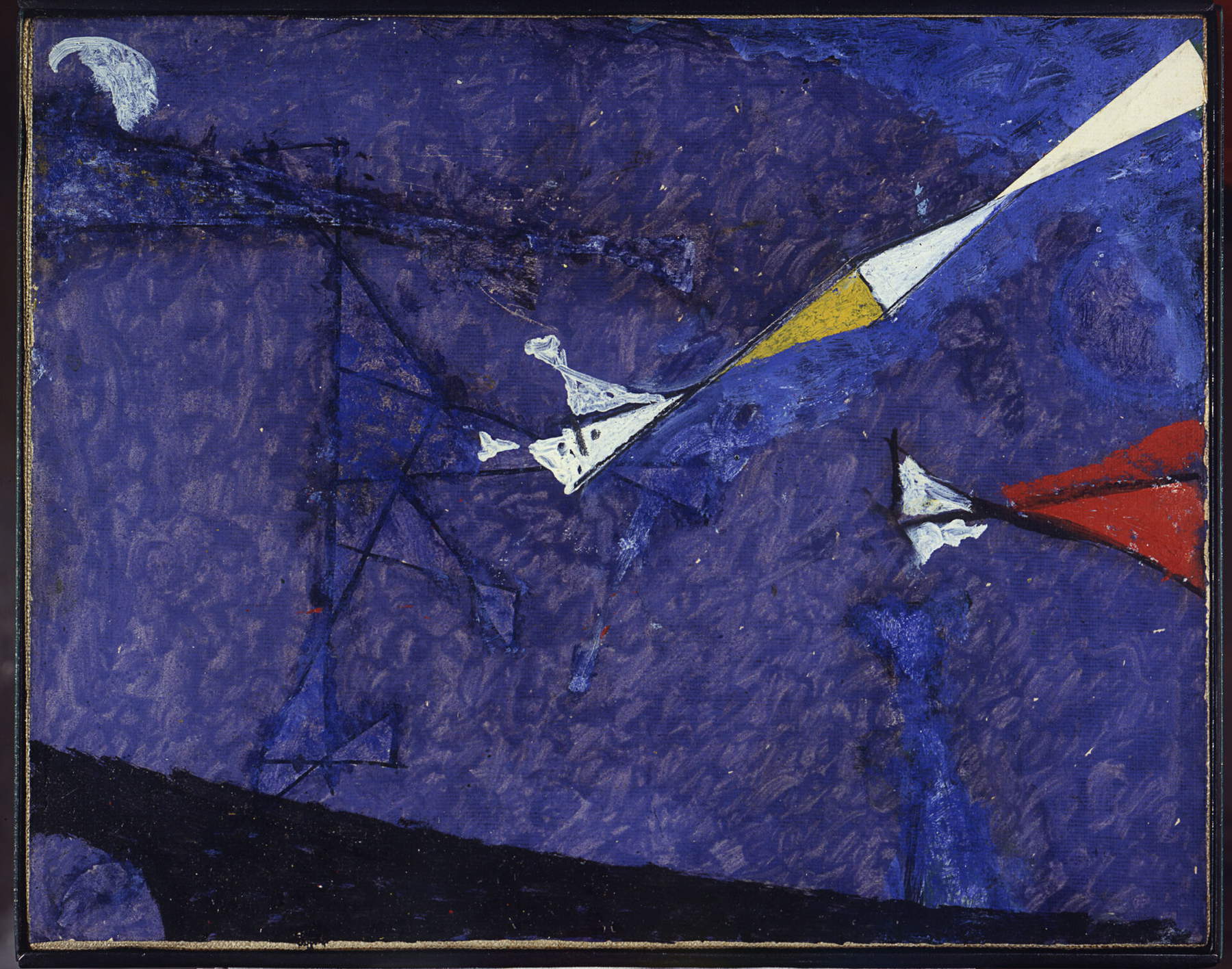 Osvaldo Licini, Angeli missili + Luna (1956-57; olio e collage su carta intelaiata; Milano, Collezione privata) &copy; OSVALDO LICINI, by SIAE