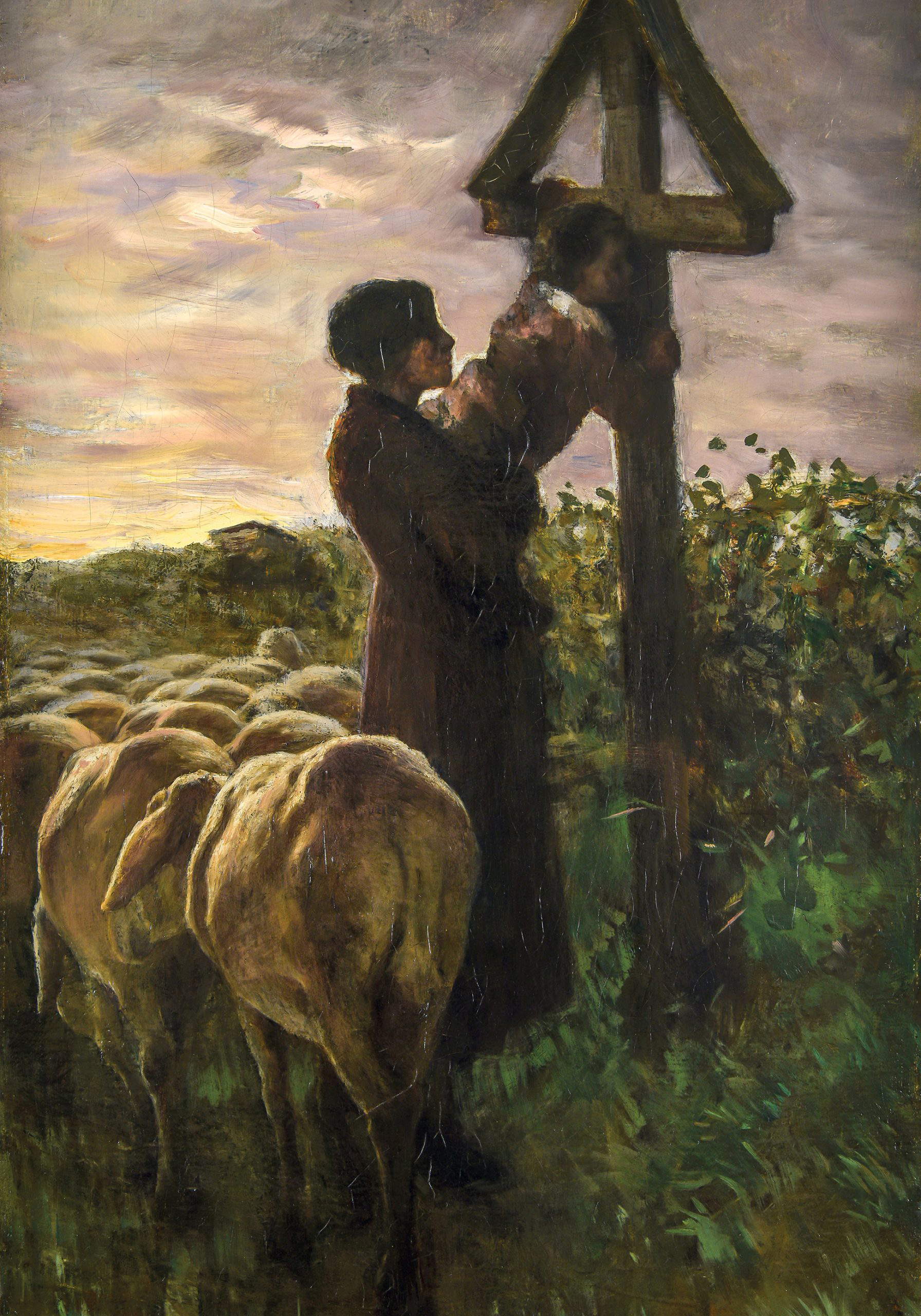 Giovanni Segantini, Baiser à la croix (1881-1882 ; huile sur toile, 85,5 &times; 48 cm ; St. Moritz, Musée Segantini, Dépôt de la Fondation Fischbacher Giovanni Segantini)