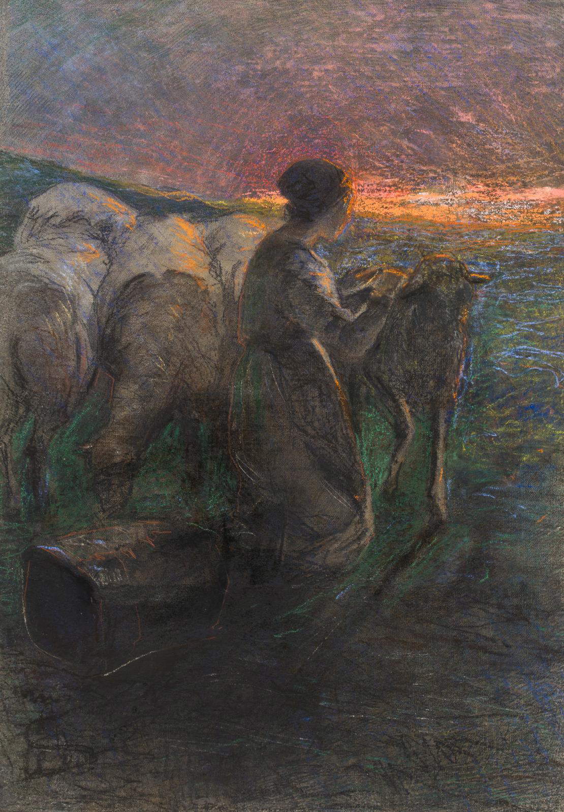 Giovanni Segantini, Bergère au printemps (1886-1888 ; huile et pastel sur toile, appliqué sur carton, 450 &times; 335 mm Collection privée)