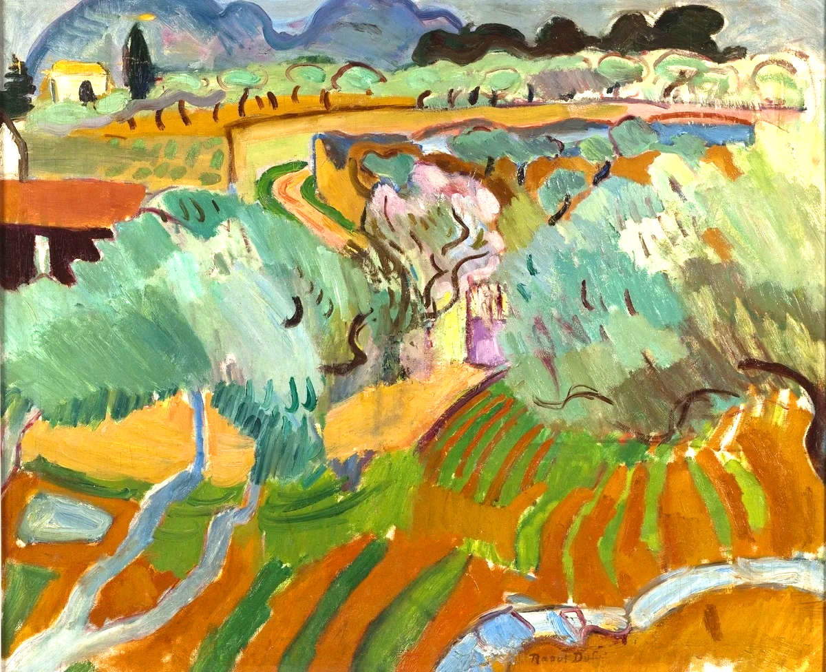 Raoul Dufy, Paysage de Provence (1905 ; huile sur toile, 60 x 73 cm ; Paris, Mus&eacute;e d'Art Moderne de Paris, don Mme Genevi&egrave;ve Gallibert, 1971)