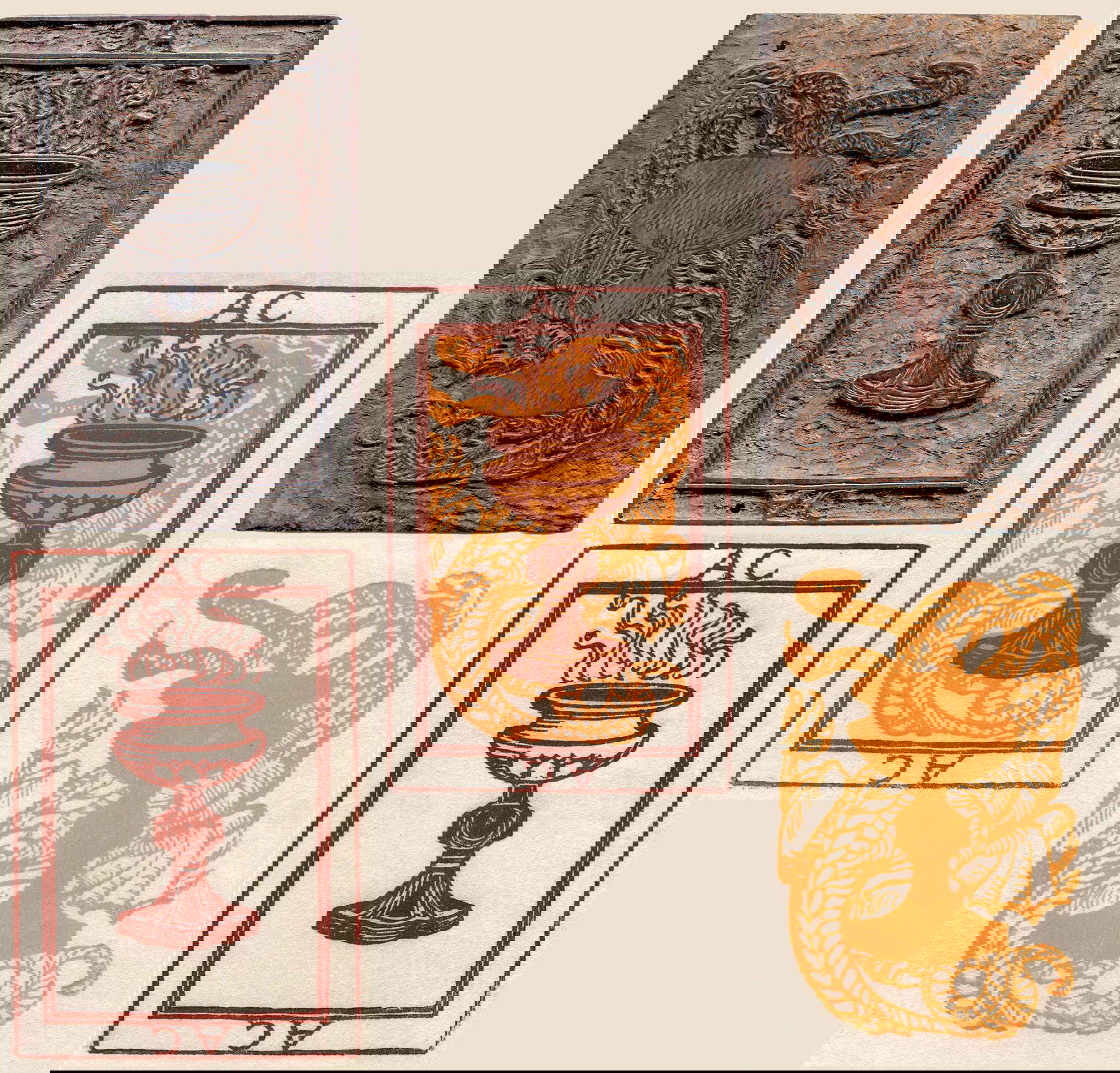 Adolfo De Carolis, Carta da gioco &ndash; Asso di coppe (1914; xilografia a cama&iuml;eu su legno di testa, Sul verso: battuta colore)