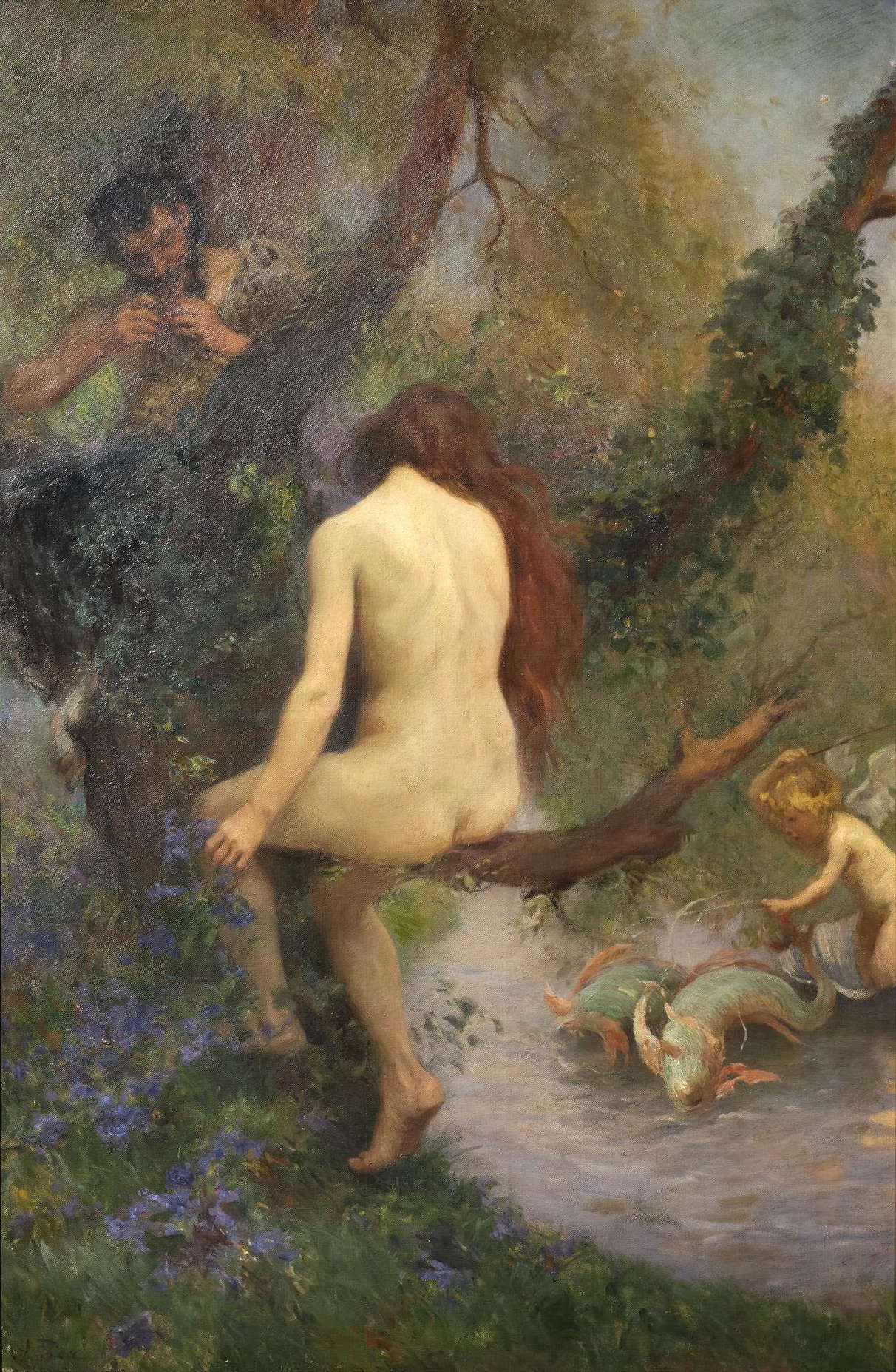 Alberto Pisa, Nymphe und Faun in den Wäldern (Öl auf Leinwand, 161 x 105 cm).