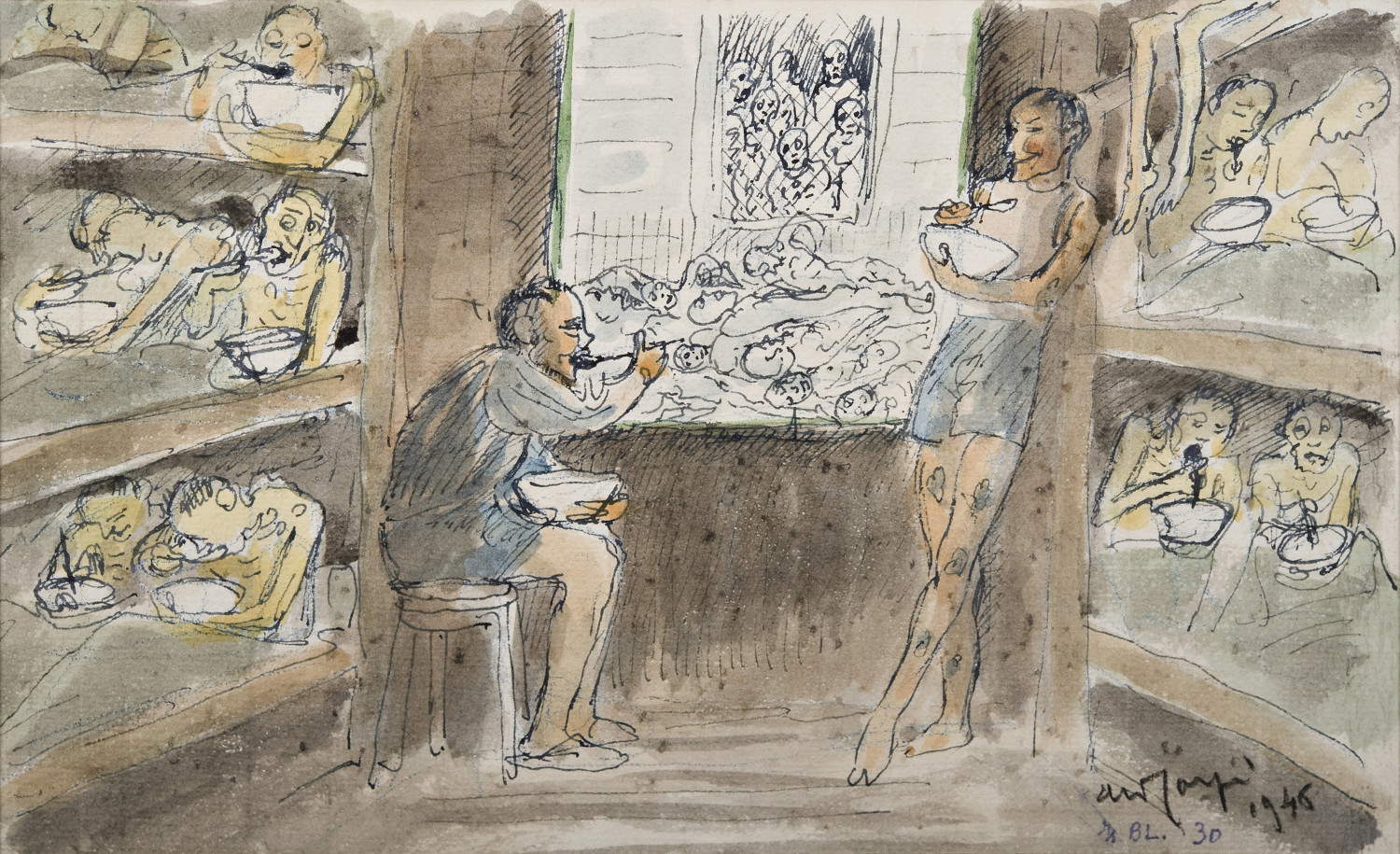Aldo Carpi, L'heure du repas dans le quartier (1945 ; aquarelle sur papier, 42 x 56 cm ; Carpi, Collection Aldo Carpi - Musée commémoratif des déportés de Carpi)