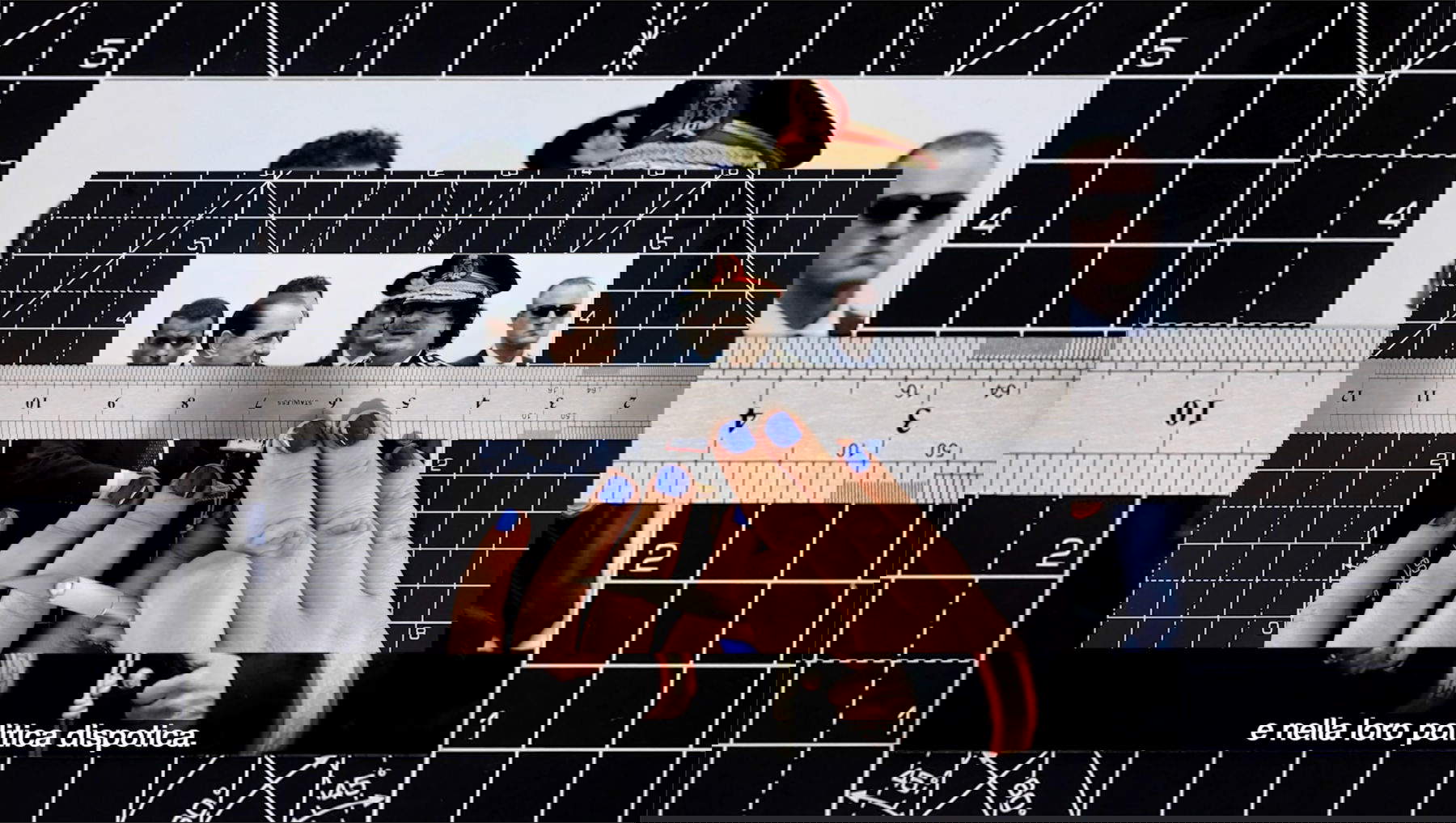 Alessandra Ferrini, Gaddafi in Rome: Notes for a Film (2022; Installazione video a tre canali, still dal video). Su concessione dell'artista.