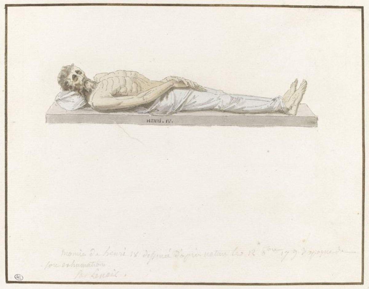 Attribu&eacute; à Alexandre Marie Lenoir, Les restes d'Henri IV, exhum&eacute;s de son tombeau en 1793 (1793 ; plume encre brune, aquarelle, mine de plomb sur papier, 52,4 x 40,5 cm ; Paris, mus&eacute;e du Louvre) &copy; GrandPalaisRmn (mus&eacute;e du Louvre) / Thierry Le Mage