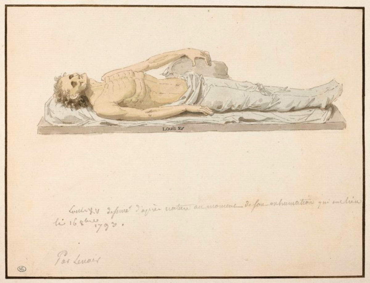 Alexandre Marie Lenoir, Les restes de Louis XV, exhum&eacute;s de son tombeau en 1793 (1793 ; plume à l'encre brune, aquarelle, mine de plomb sur papier, 52,4 x 40,5 cm ; Paris, mus&eacute;e du Louvre) &copy; GrandPalaisRmn (mus&eacute;e du Louvre) / Michel Urtado